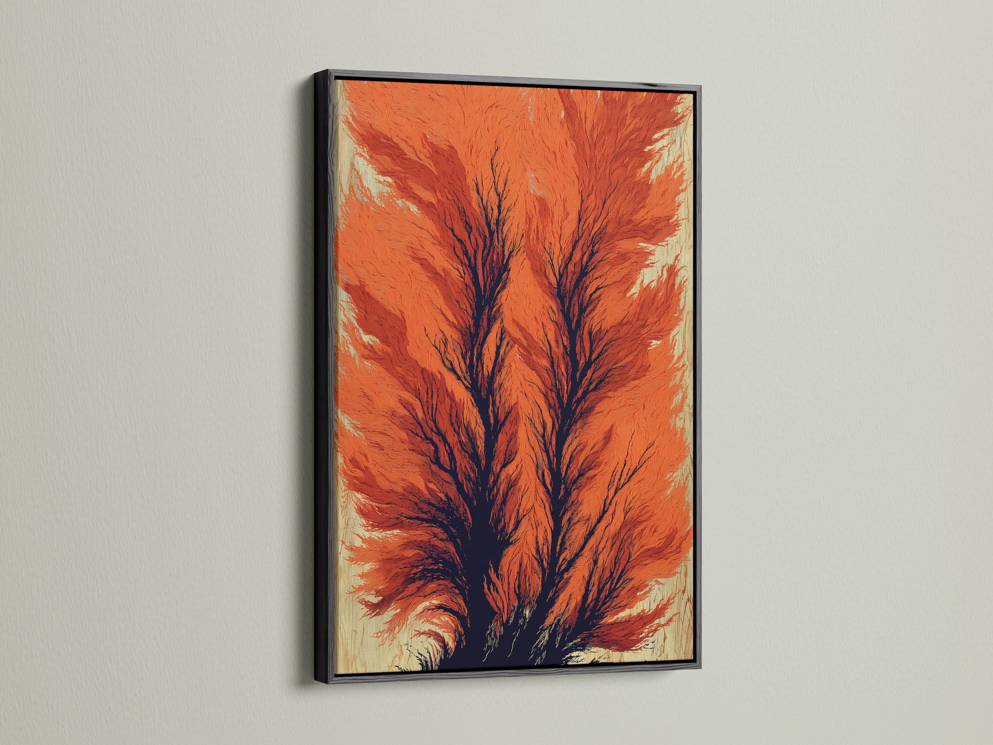 The black frame adds a bold touch to this abstract tree canvas print. The artwork features burnt orange tones creating a modern look. Enhance your study decor with this striking piece. It's an eye-catching addition to any room.