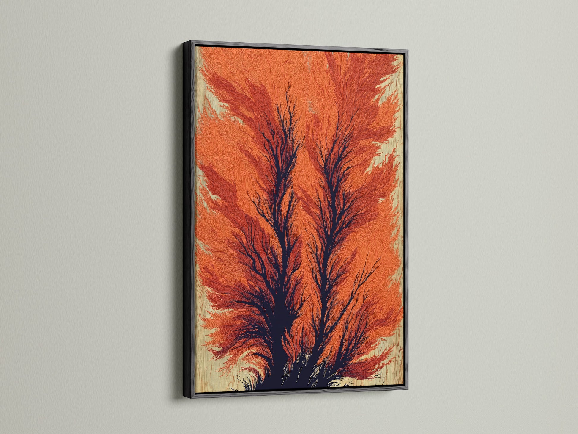 The black frame adds a bold touch to this abstract tree canvas print. The artwork features burnt orange tones creating a modern look. Enhance your study decor with this striking piece. It's an eye-catching addition to any room.