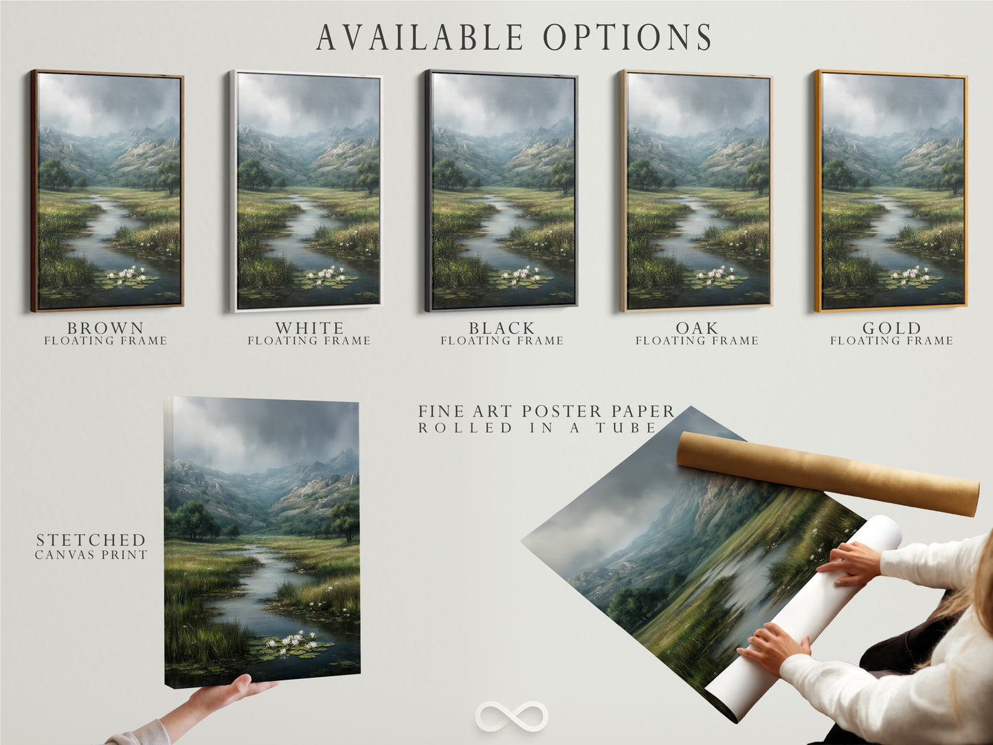 Available options are showcased including a stretched canvas print. Also shown is a fine art poster paper and a floating frame. Customers can customize their artwork to fit their style. The variety of options ensures a perfect match. Choose the best option for your piece.