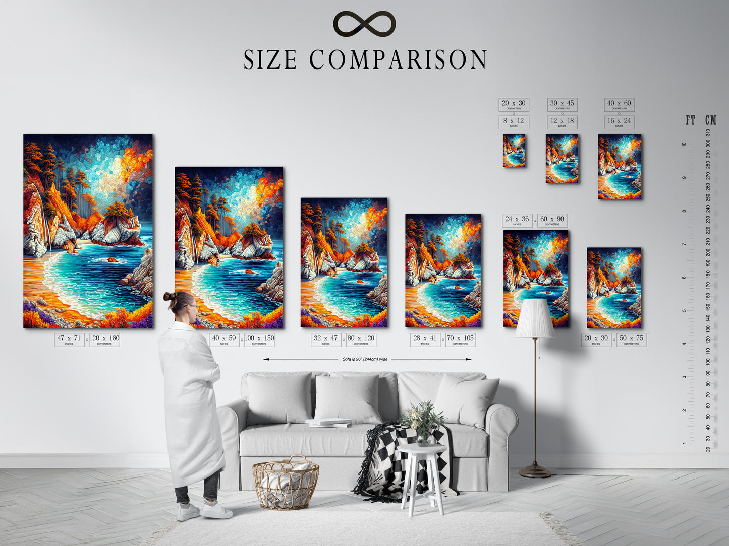 A size comparison chart in an interior setting displays various artwork dimensions. The chart showcases how different sizes of the coastal landscape artwork look in a room. Perfect for visualizing the ideal fit for your space. Find the perfect size for your artwork.