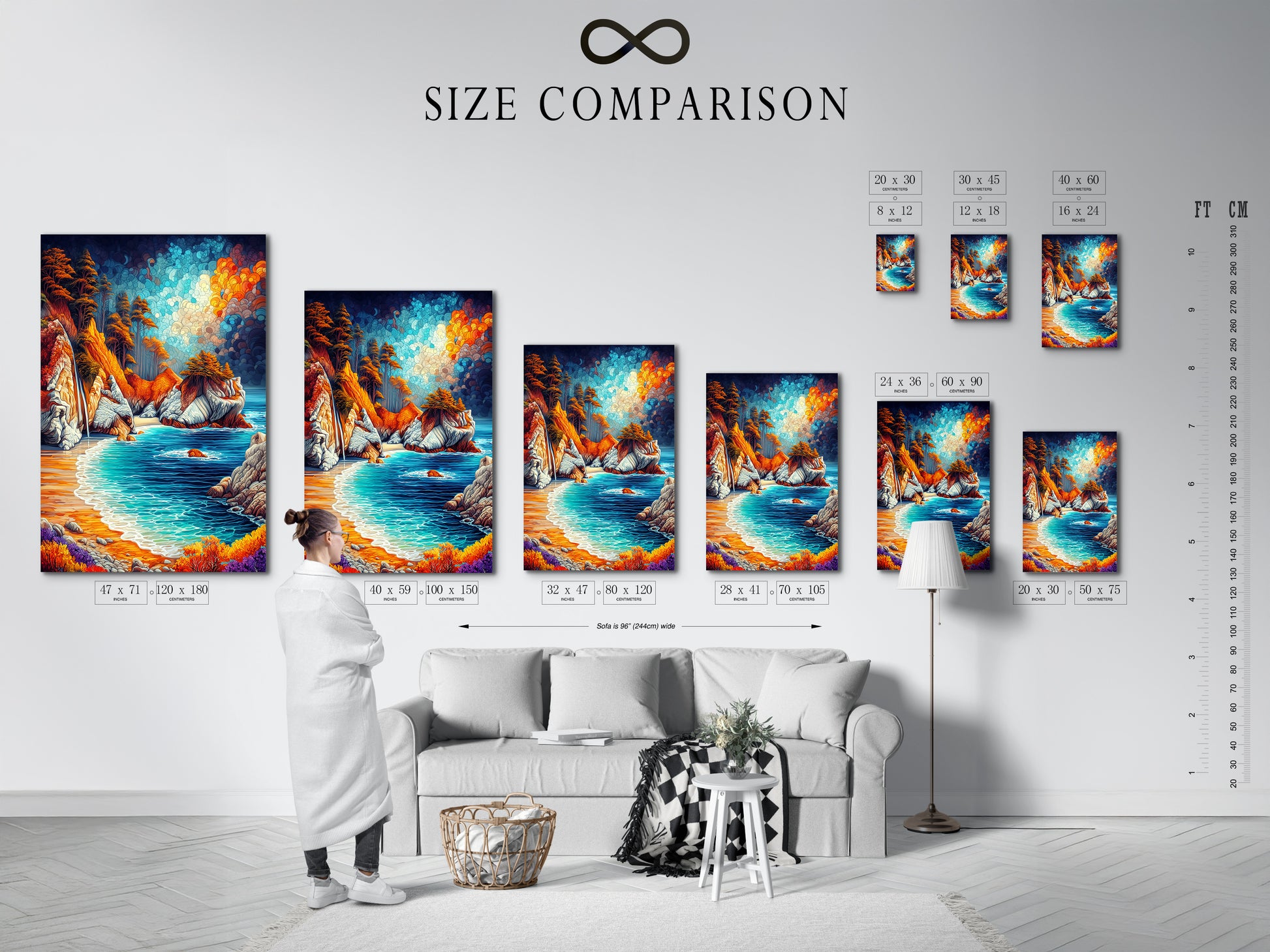 A size comparison chart in an interior setting displays various artwork dimensions. The chart showcases how different sizes of the coastal landscape artwork look in a room.  Perfect for visualizing the ideal fit for your space. Find the perfect size for your artwork.