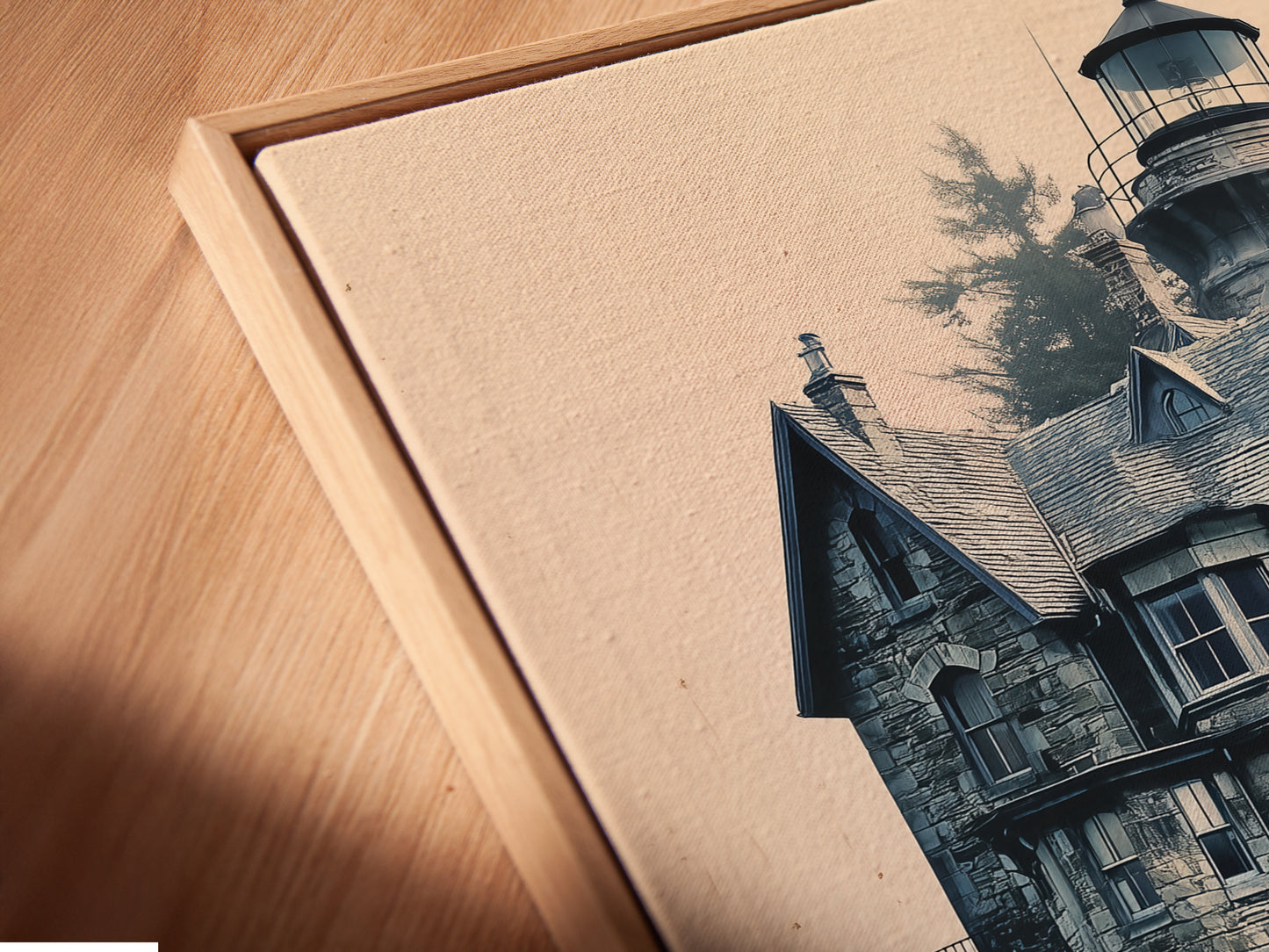 A close-up angled view reveals a canvas print in a floating frame. The artwork depicts coastal architecture. It is a beautiful ocean view. The floating frame gives the artwork a modern and refined look. Perfect for any space.