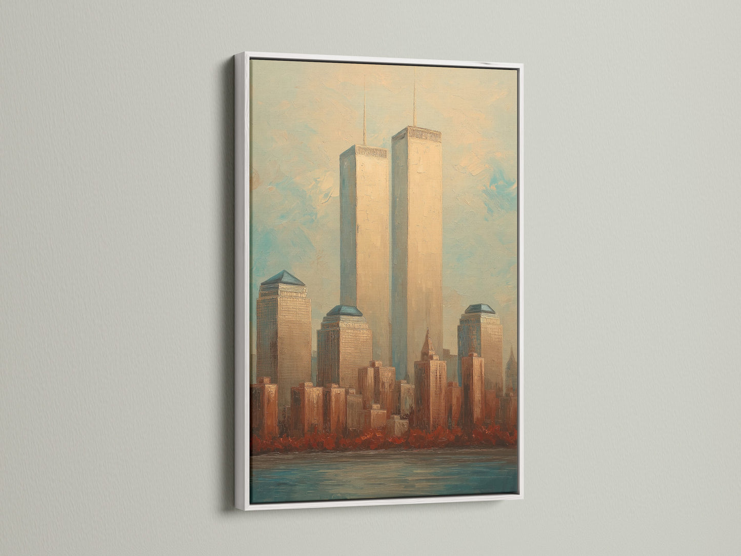 The NYC Skyline artwork of the Twin Towers in a white frame. A clean modern look for this vintage Manhattan cityscape. White frame offers a minimalist touch. Ideal for contemporary spaces and office wall decor.