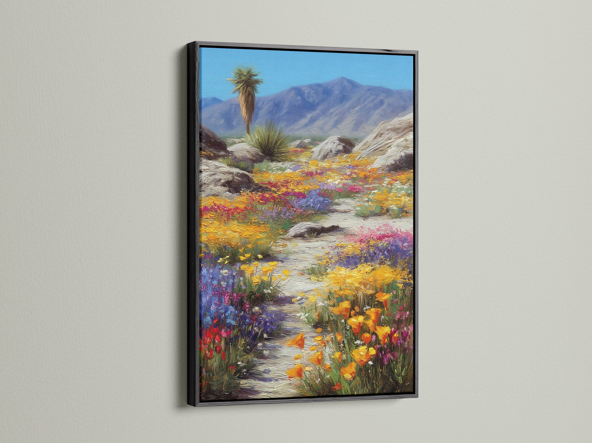 The black frame adds a modern touch to the desert wildflower artwork. The colorful landscape print stands out. Black frame creates a striking contrast. Perfect for those seeking Southwest nature wall decor. This nature artwork makes a bold statement.