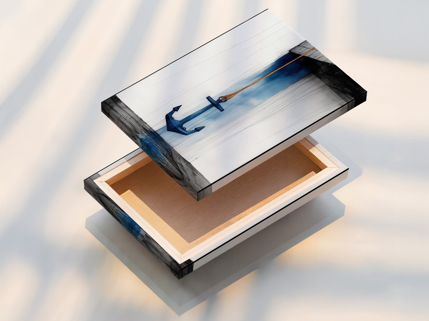 Stretched canvas print of anchor nautical artwork. The navy blue ocean theme complements minimalist Scandinavian and nautical styles. Perfect for homeowners renters and interior designers. Ideal for bathroom living room bedroom or home offices. Discover the perfect addition to your decor.