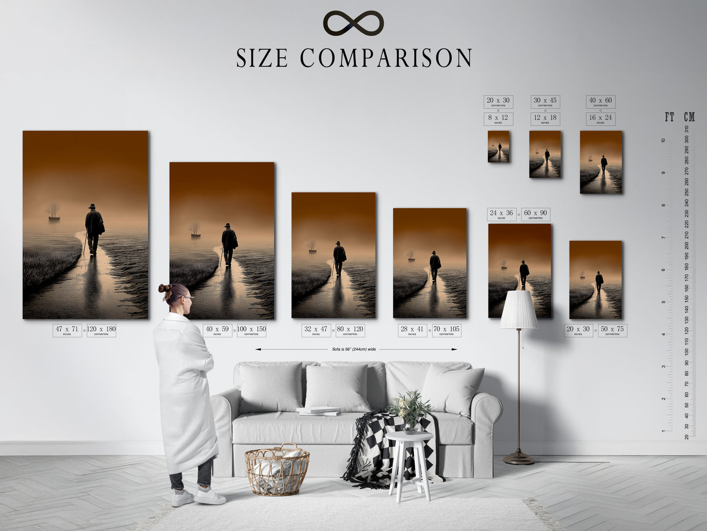 A size comparison chart in an interior setting. The chart helps visualize the different sizes of artwork. This allows customers to choose the perfect fit for their space. It provides a clear understanding of scale. Plan your art display with confidence.