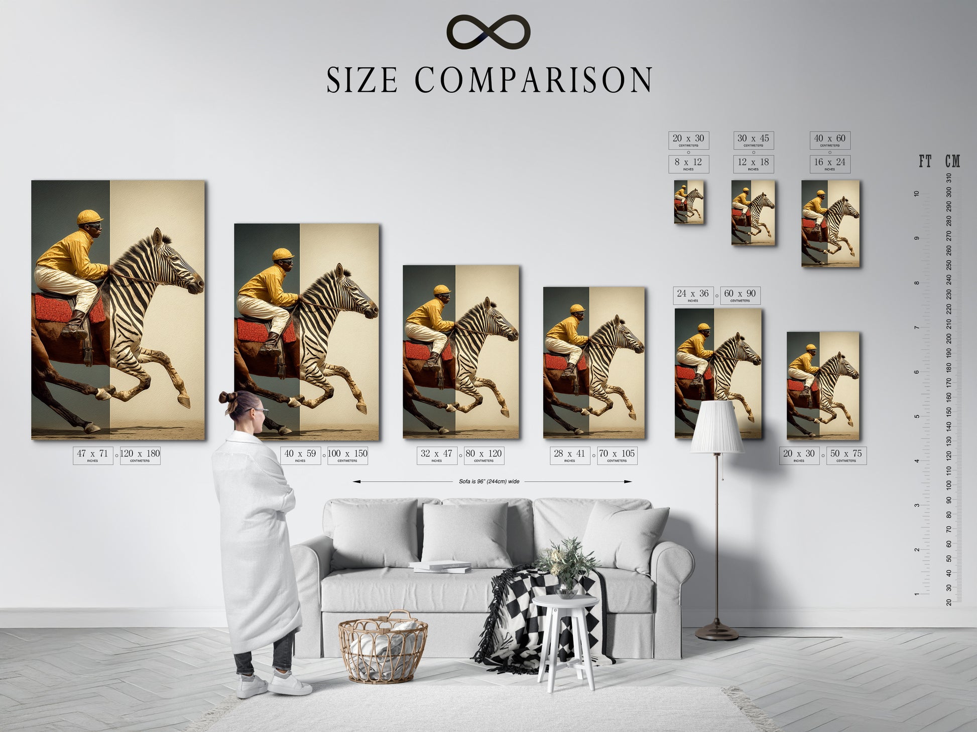 A size comparison chart displayed in an interior setting. This chart helps visualize artwork dimensions. Choose the perfect size artwork for your space. Ensure the ideal fit with our comprehensive size guide.