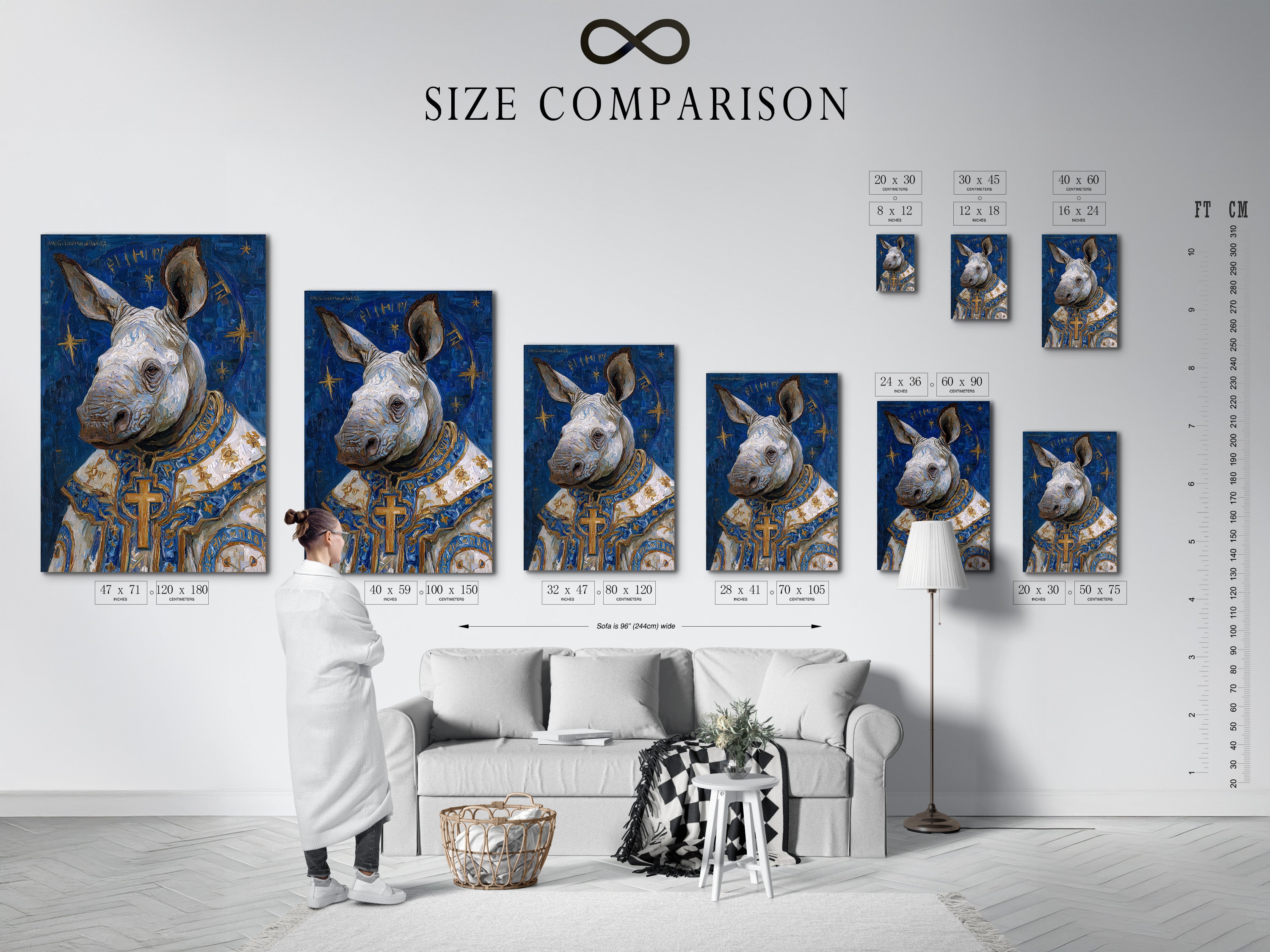 Size comparison chart in an interior setting featuring the rhino pope art print. See how this surreal animal artwork fits in various room sizes. This religious wall decor is perfect for study rooms offices and libraries. Visualize the perfect fit for your space.