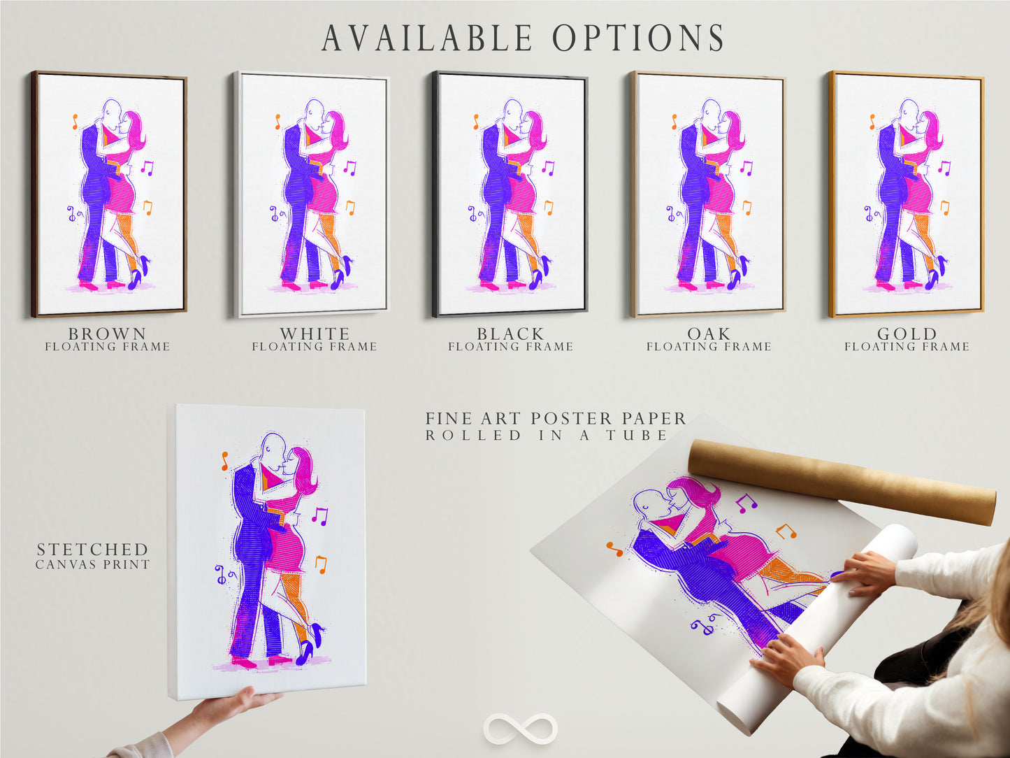 Explore available options for dancing couple art. Choose from stretched canvas prints. Fine art poster paper is also available. Consider a floating frame for a modern look. Abstract figures enhance these art pieces. Perfect gifts for dancers.