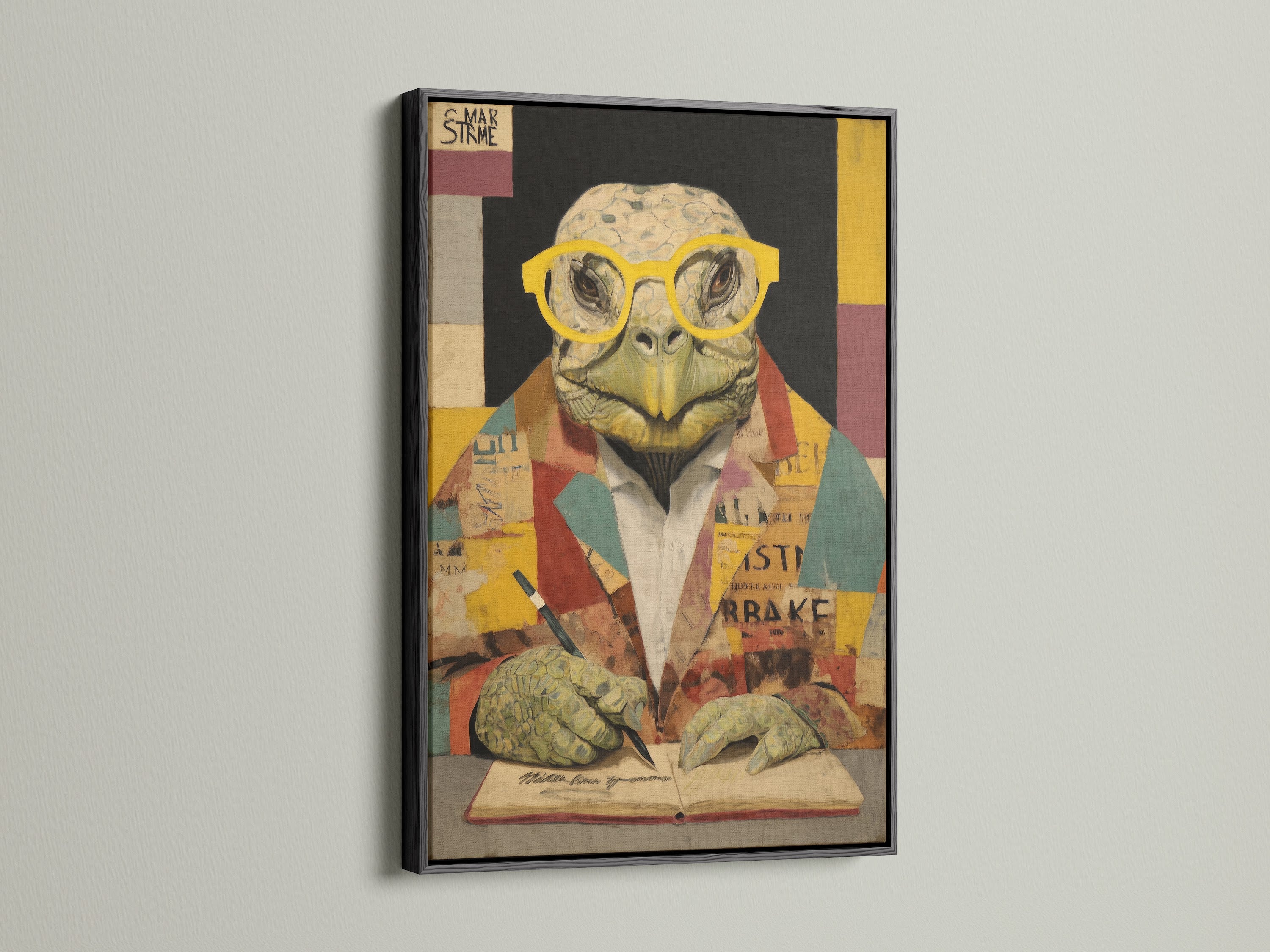 Turtle Scholar Art Print in a black frame. This academic wall art features a quirky animal. Perfect as a canvas print for study room decor. The black frame adds a sleek contrast. This scholar artwork enhances any space. It suits art deco rustic or industrial styles.