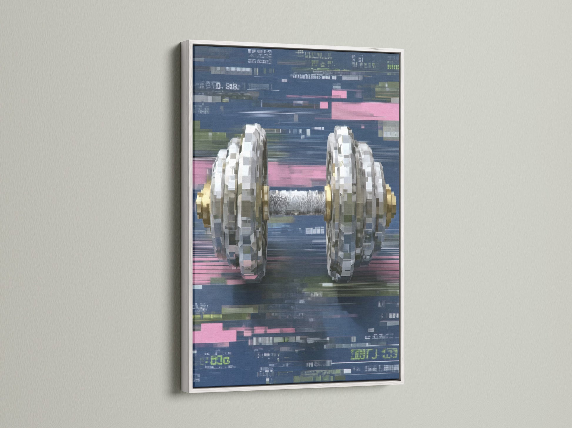 Digital Glitch Dumbbell Art in a white frame. This modern gym art uses pixel distortion. The white frame enhances the cyber art print. Ideal for workout room art and fitness studio decor.