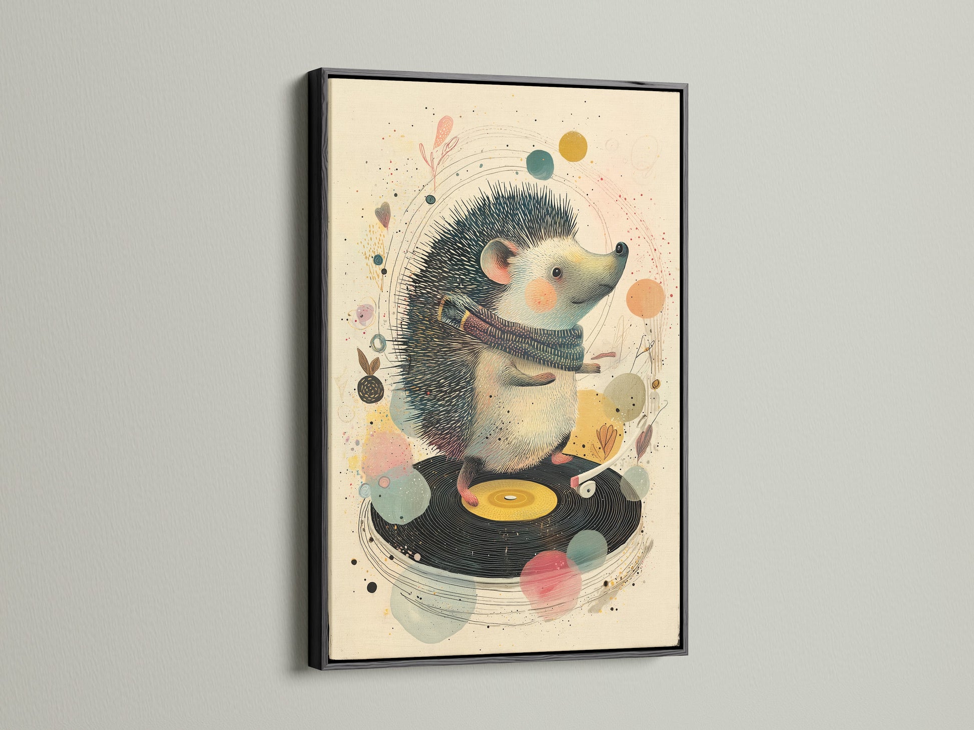 A black frame accentuates a playful artwork. A hedgehog is illustrated DJing on a record player. The black frame adds a touch of sophistication. See our black frames for your artwork. Make a statement with framed art.