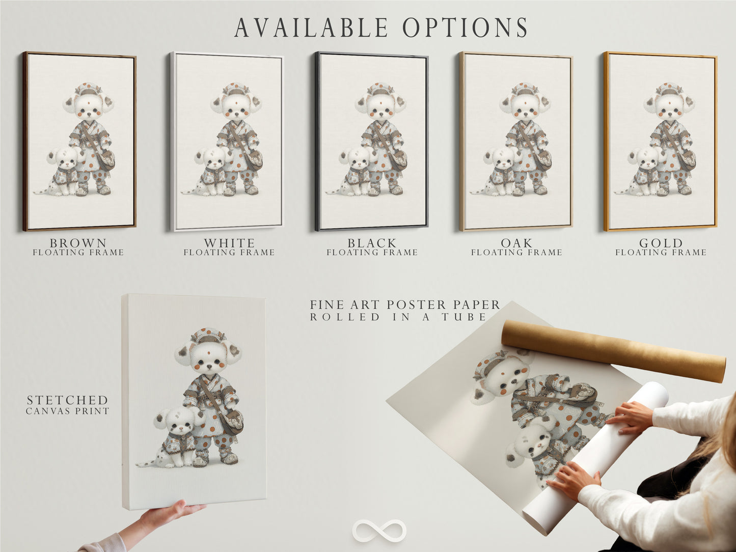 Available options for this artwork are displayed. Choose between a stretched canvas print fine art poster paper or a floating frame. The cute panda art print will elevate any nursery. Find the perfect match for your baby room decor. Customize your kawaii animal wall art today.
