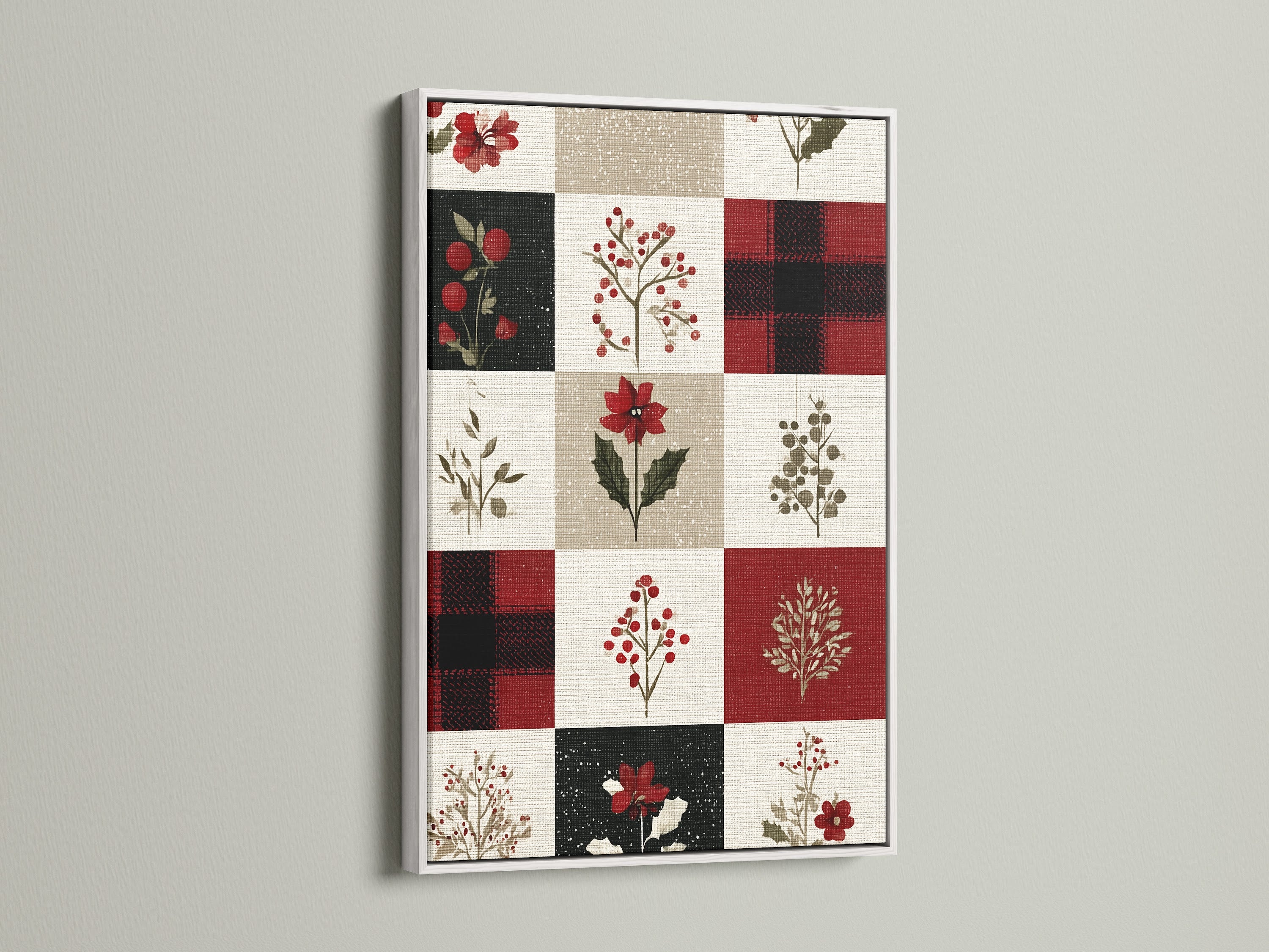 Artwork with a white frame is displayed on a wall. The framed artwork showcases a grid pattern. Each square within the grid contains unique artwork. The artwork includes floral patterns and plaid artwork. Perfect for any room.