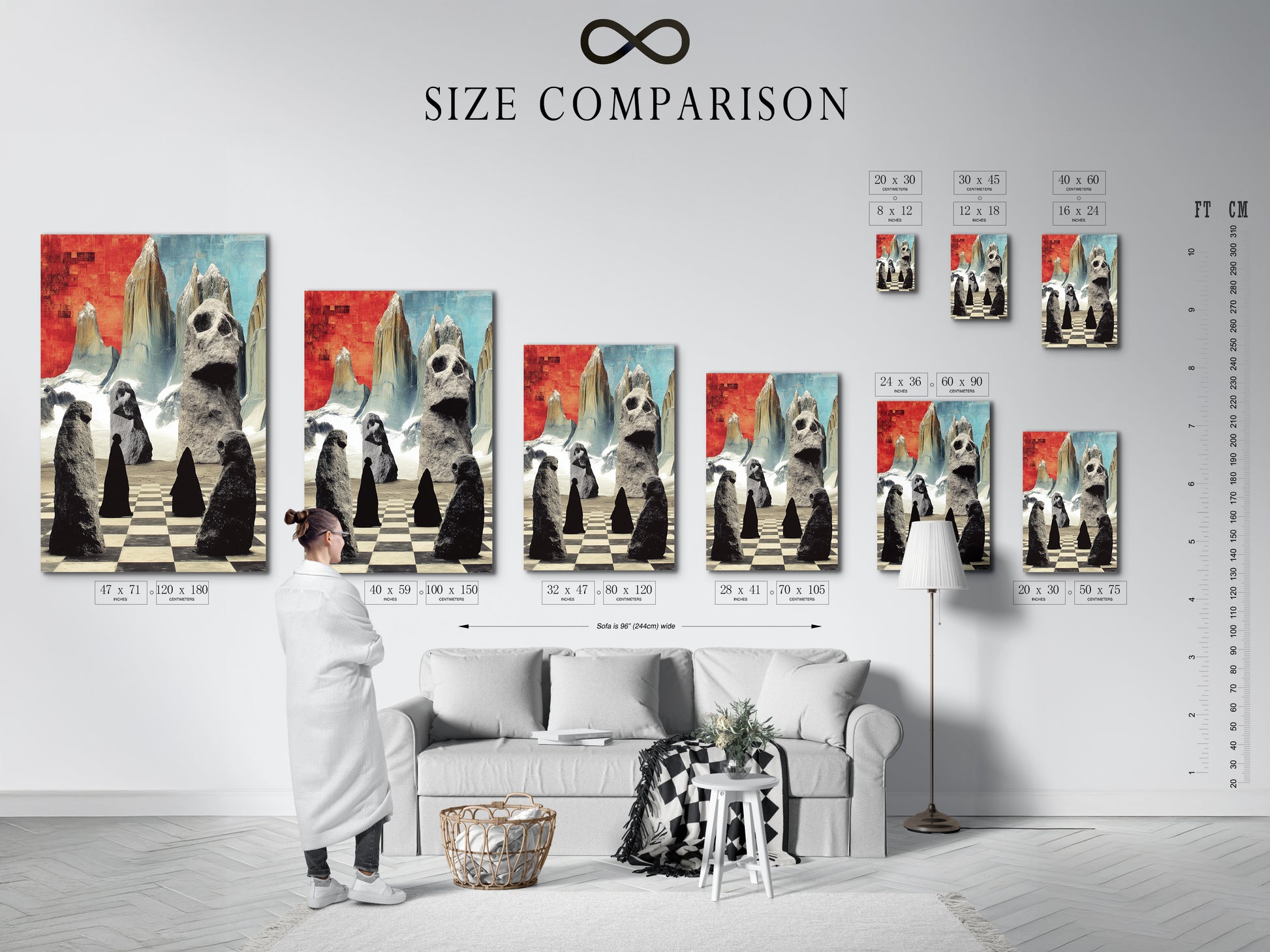 A size comparison chart is displayed in an interior setting. Visualize the ideal size for your surreal stone figures art. Choose from various options to fit your space. Transform your home with modern wall art.