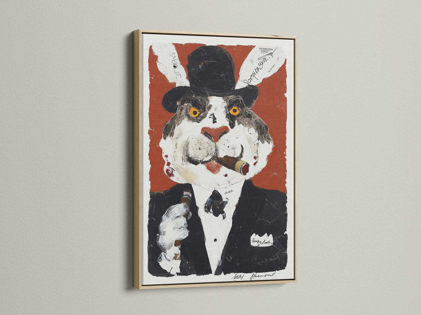 This is a vintage cat portrait canvas. The surreal animal art print features a whimsical gentleman cat. The artwork is displayed in an oak frame. Perfect quirky office decor or a unique gift for a cat lover.