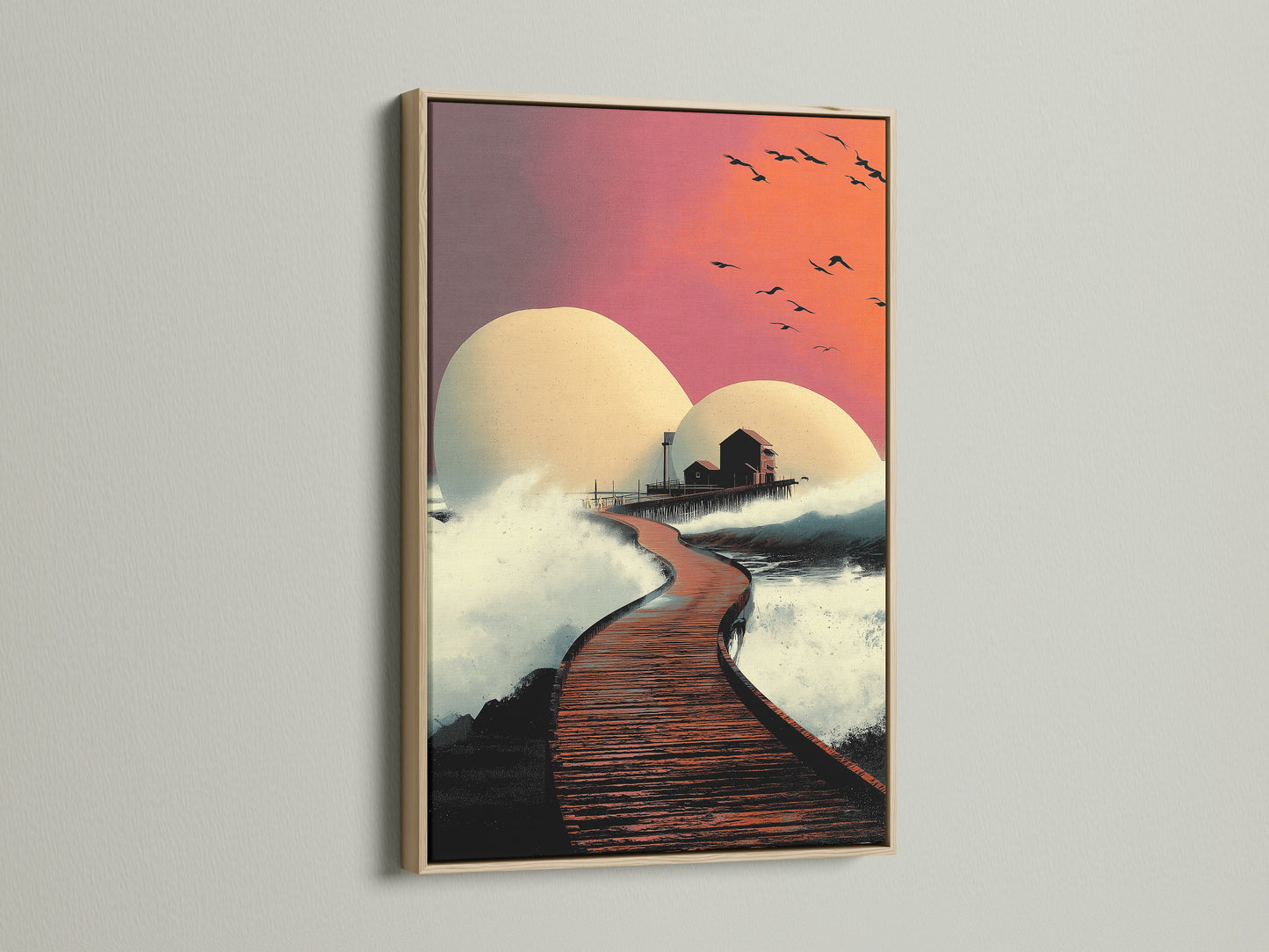 This modern seascape print showcases a sunset pier scene framed in oak. The coastal artwork features a house on a pier with a vibrant orange and pink sky. Perfect for minimalist modern or coastal styles. Enhance your living room bedroom or office with this elegant sea landscape art.