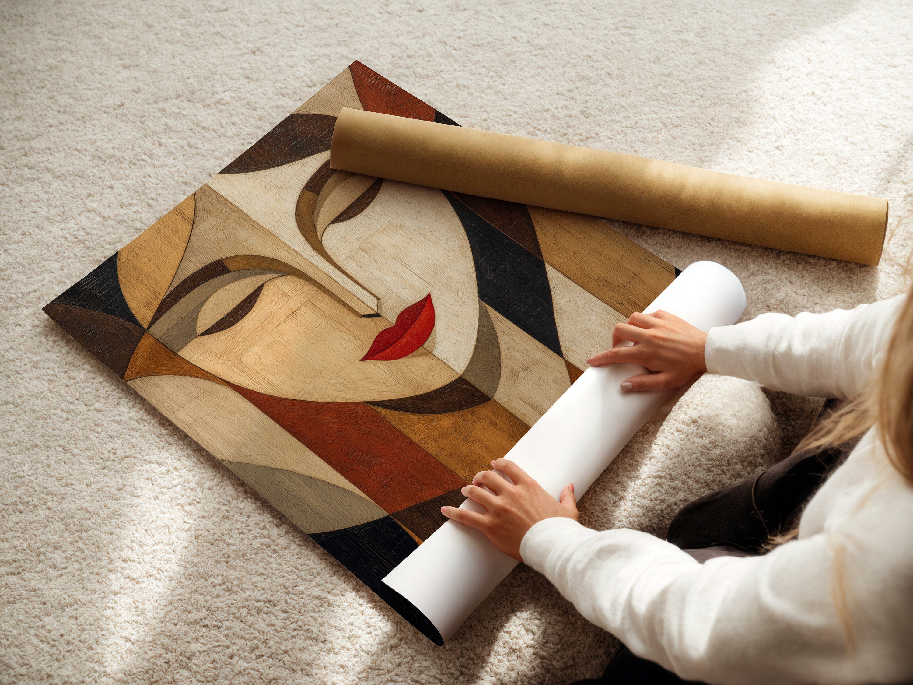 A woman carefully rolls a fine art poster paper. The poster paper is smooth and high-quality. Rolling protects the artwork. This highlights the care in handling fine art. This preserves the artwork's integrity for display or storage.