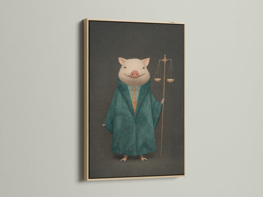 The Lawyer Pig artwork is showcased in an oak frame. Perfect for legal office art or as an attorney gift. The justice scales animal canvas adds sophistication to any law firm decor. Its Victorian style and humorous touch make it unique. A blend of green and gold.