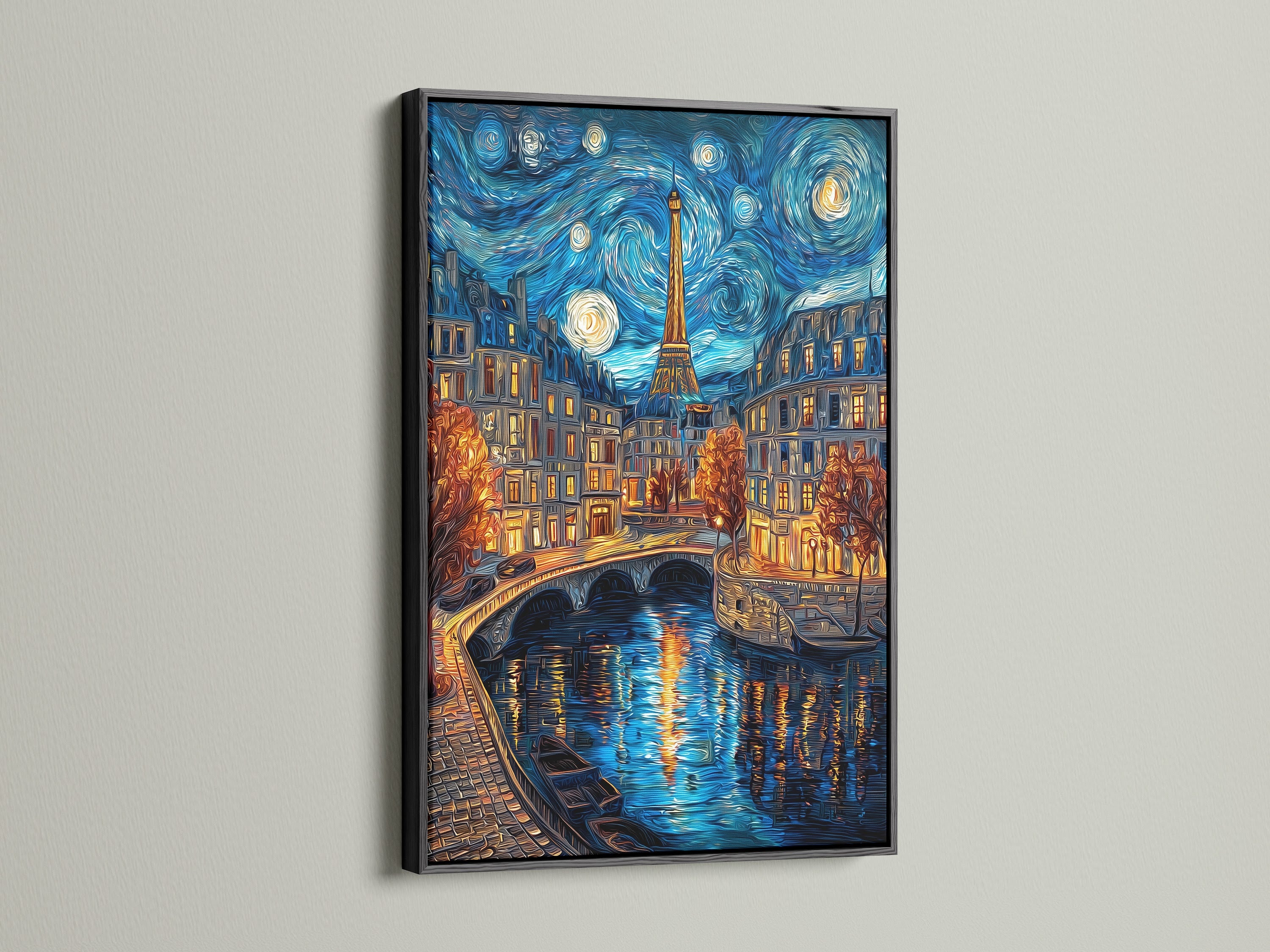 Artwork with a black frame hanging on a white wall. The art piece is a night scene with the Eiffel Tower in Paris. The artwork is reflecting on the water. The black frame gives a sleek and sophisticated look. Buy this artwork now.