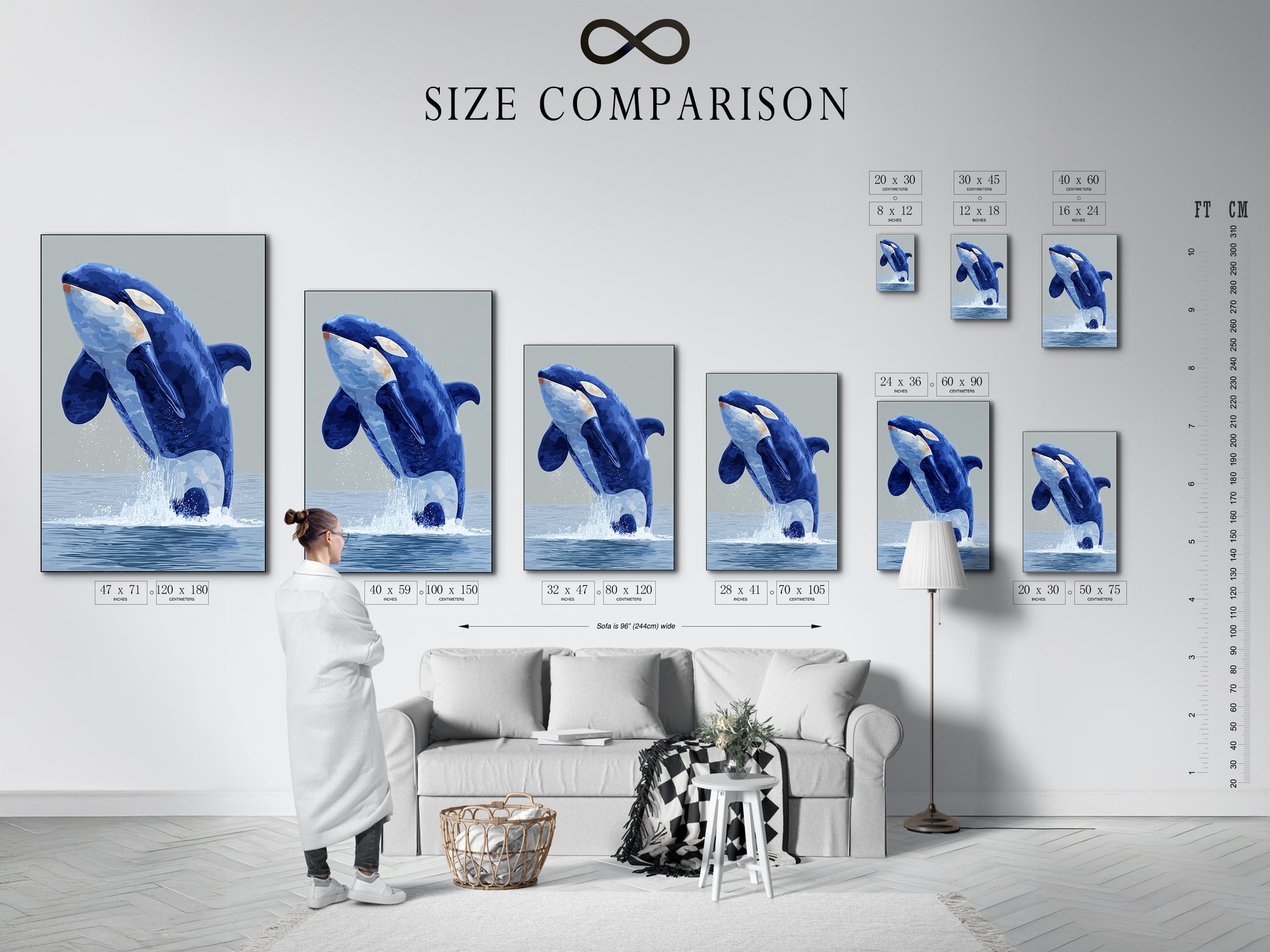 Visualize the perfect fit with our size comparison chart. See how our Orca Whale artwork transforms any interior. This chart helps you choose the ideal size for your space. Whether it's a living room bedroom or office. Discover the impact of our marine animal prints. Shop now and elevate your coastal wall decor with confidence.