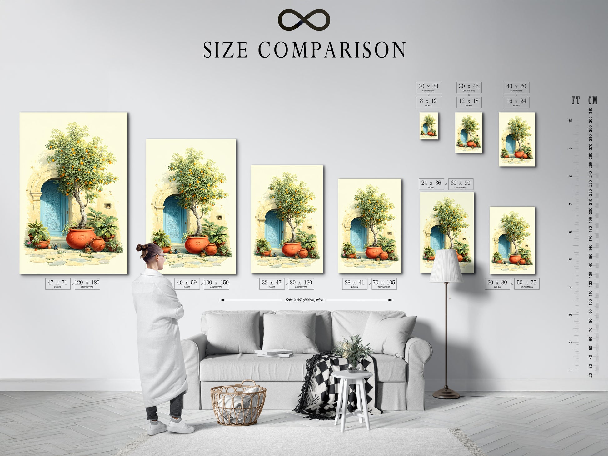 A size comparison chart displayed in an interior setting. Various sizes of Italian Lemon Tree artwork are shown. It helps visualize how each piece fits in your space. Choose from fine art poster paper or stretched canvas prints for your Mediterranean decor.