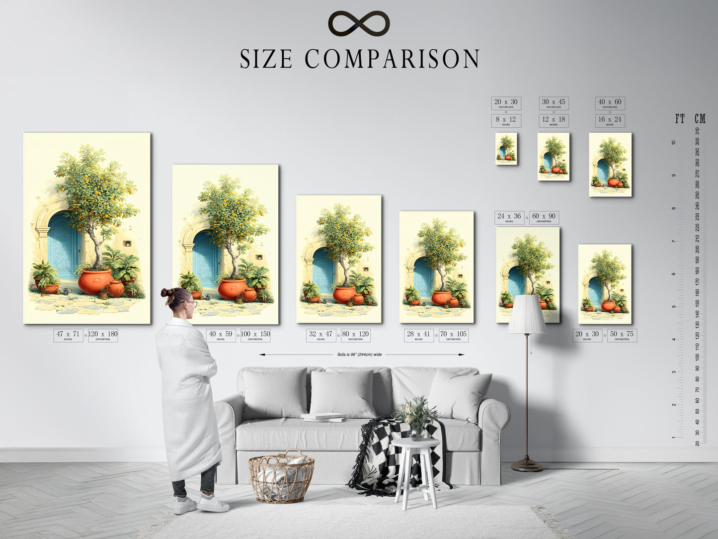 A size comparison chart displayed in an interior setting. Various sizes of Italian Lemon Tree artwork are shown. It helps visualize how each piece fits in your space. Choose from fine art poster paper or stretched canvas prints for your Mediterranean decor.