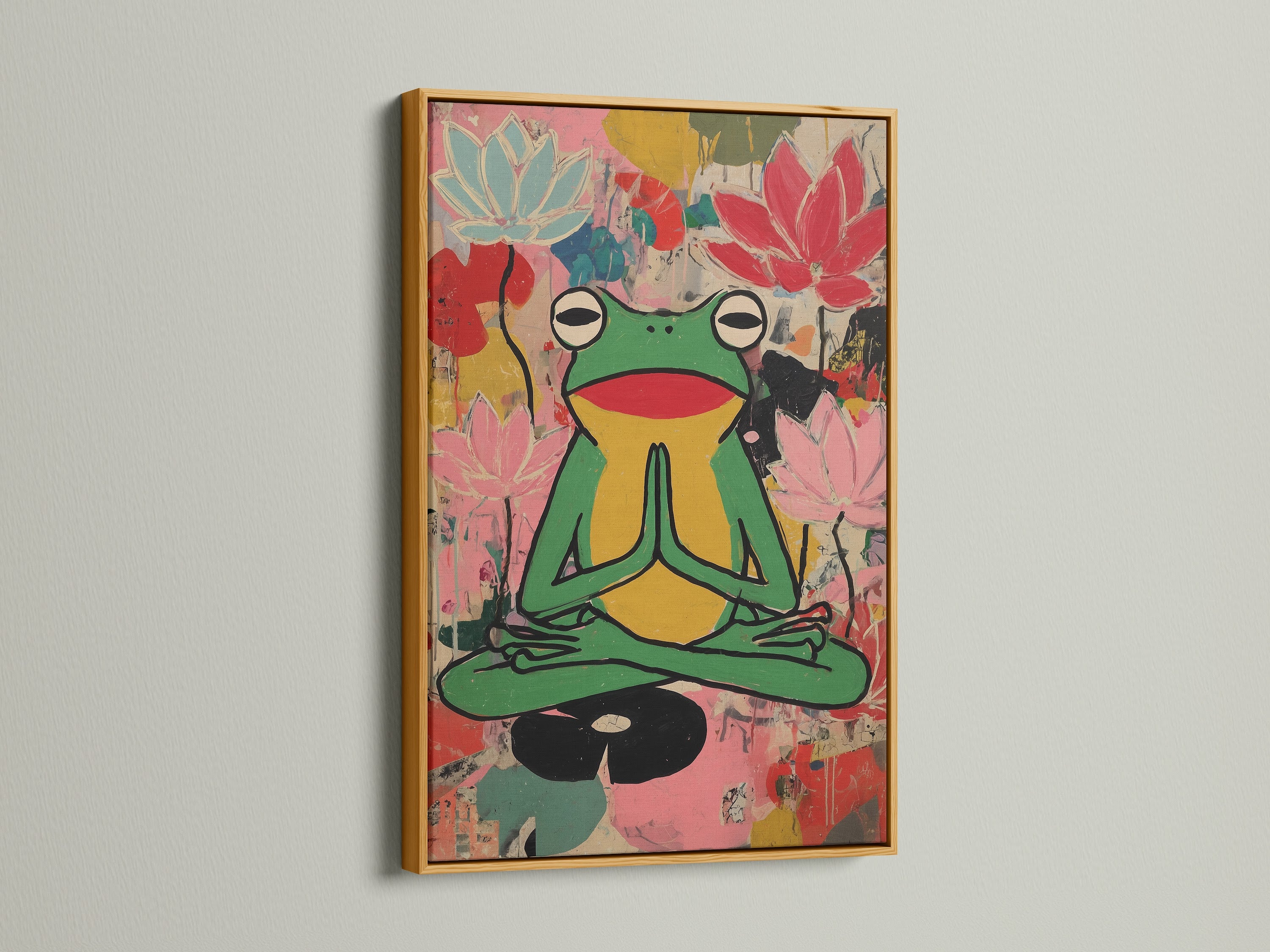 Zen Frog Canvas artwork in a gold frame. This meditation lotus wall art brings colorful yoga studio decor for mindfulness. It's perfect for wellness spaces and art lovers. The artwork complements eclectic boho contemporary styles