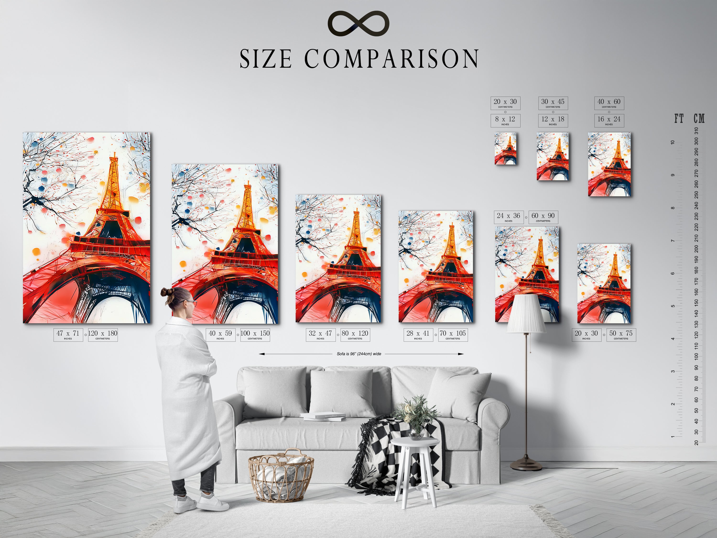 A size comparison chart displayed in an interior setting. Visualize how different sizes of the Eiffel Tower canvas art will look in your space. This chart helps to determine the best fit for your room.