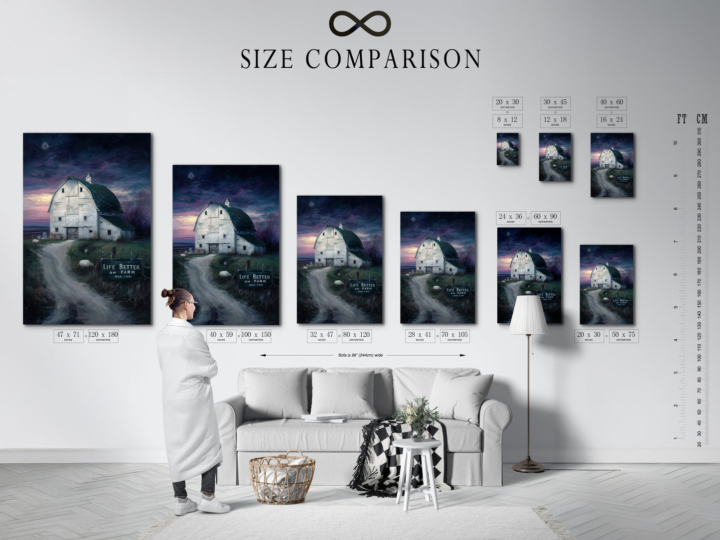 Size comparison chart displayed in an interior. Visualize the perfect size for your farmhouse canvas print. See how the rustic barn wall art fits your space. Compare sizes for country landscape artwork. Choose the ideal dimensions for your kitchen art in your country home.