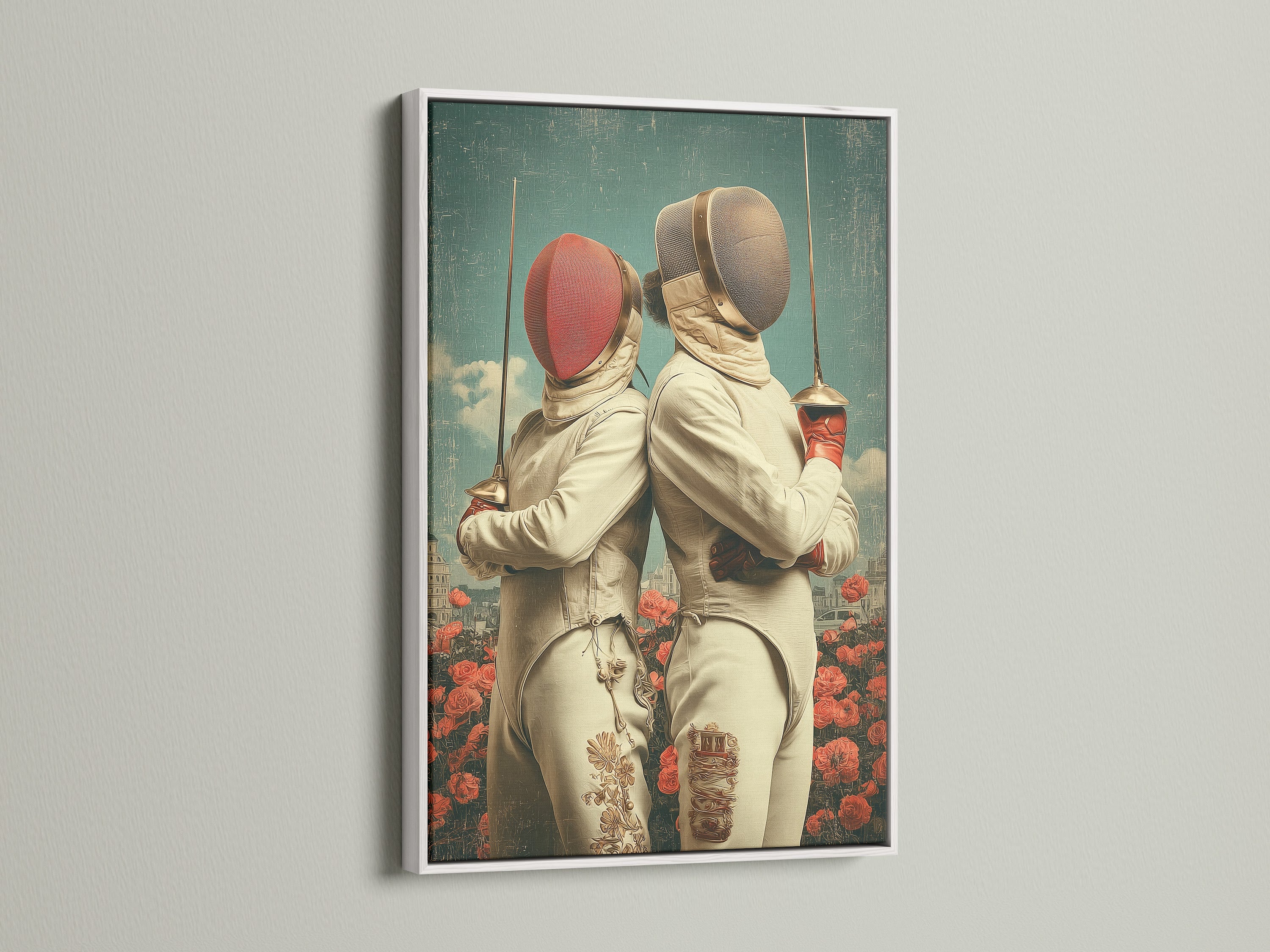The vintage fencing artwork is showcased in a white frame. This athletic wall decor features two fencers. A surreal backdrop includes red flowers and a city. It's a unique piece for any sports room or home gym decor.