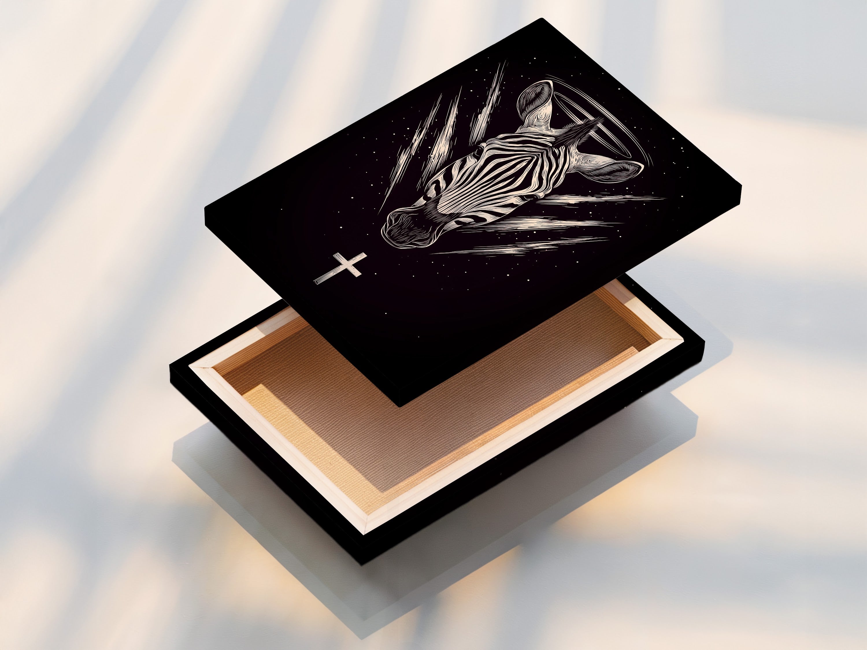 Stretched canvas print of Zebra Celestial artwork. This gothic animal wall art features sacred geometry. The stretched canvas provides a gallery-ready look. Enhance your living room with this celestial print. Ideal for gothic home decor.