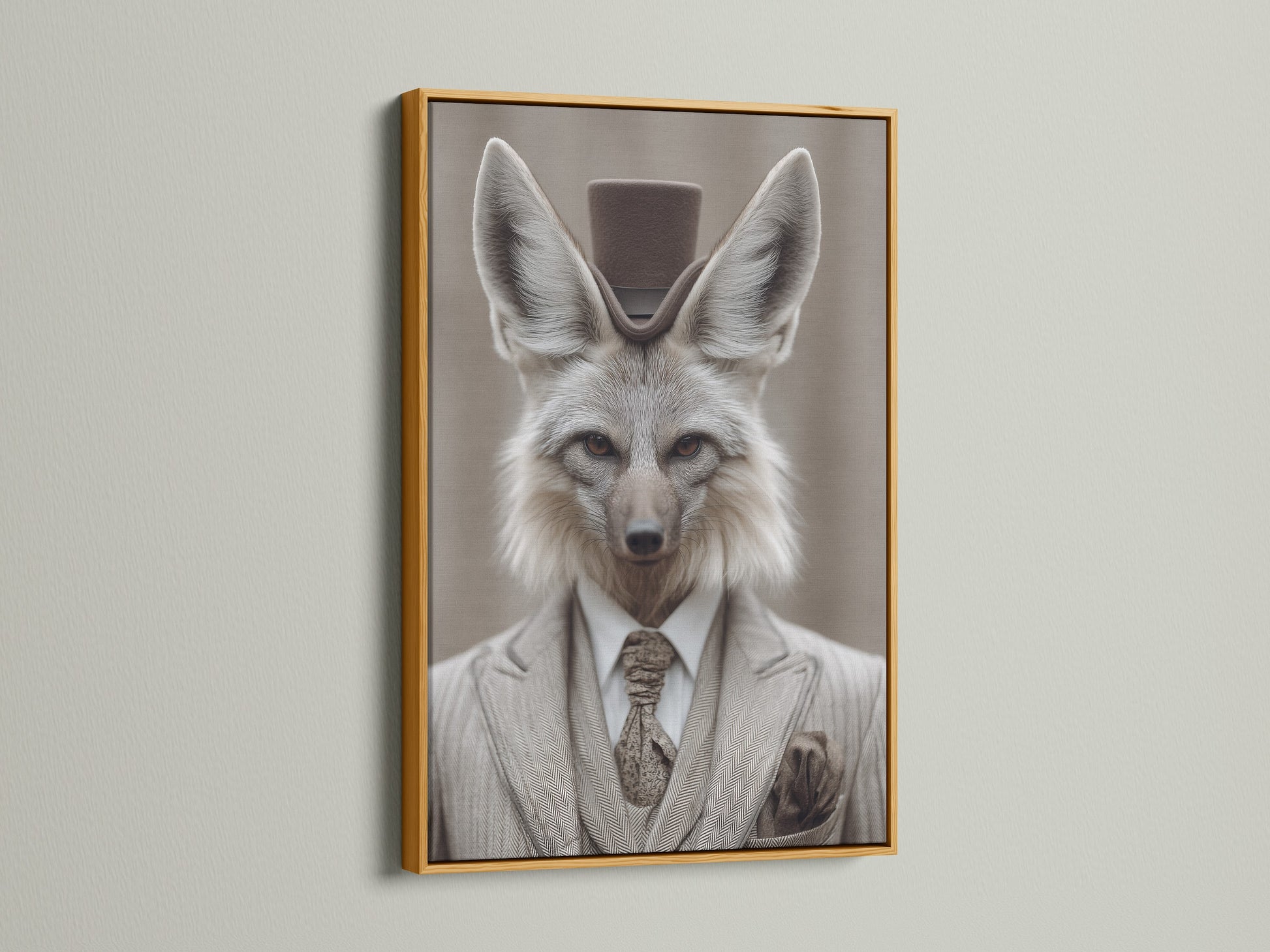 Fox Gentleman Canvas Print with a gold frame. This dapper animal wall artwork adds a touch of Victorian style to any study room. The gold frame enhances the artwork's luxurious appeal. The artwork features a fox in a suit and top hat. It is perfect for adding character to studies libraries or offices.