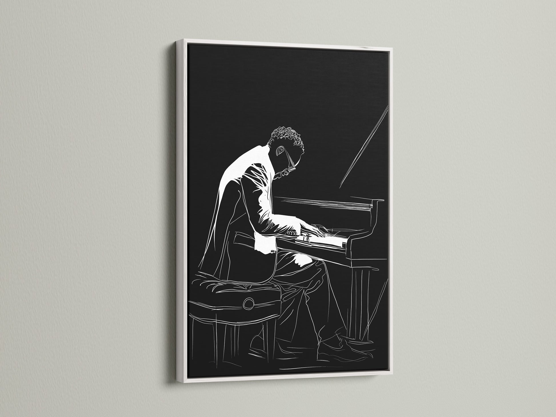 Discover the beauty of this piano player artwork. The jazz musician canvas wall art is showcased in a white frame. Brighten up your interior with black and white music wall decor. Ideal for living rooms or offices.