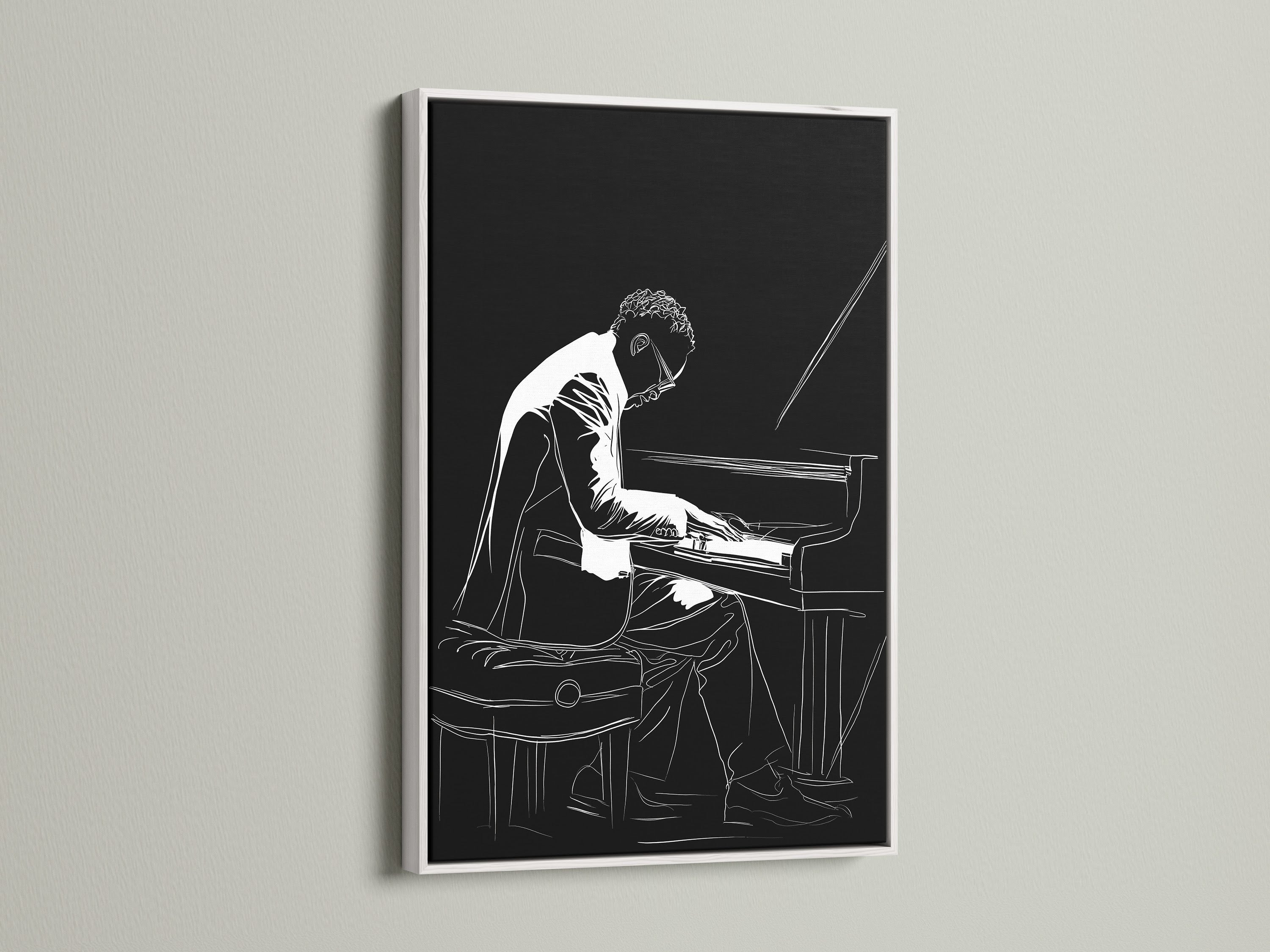 Discover the beauty of this piano player artwork. The jazz musician canvas wall art is showcased in a white frame. Brighten up your interior with black and white music wall decor. Ideal for living rooms or offices.
