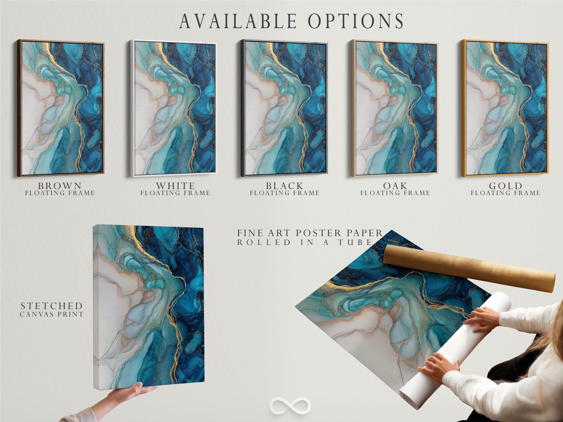 Explore available options for this stunning blue abstract artwork. Choose from stretched canvas prints fine art poster paper or a floating frame. Each option features fluid acrylic textures and gold accents. Find the perfect piece to elevate your modern coastal or eclectic style.