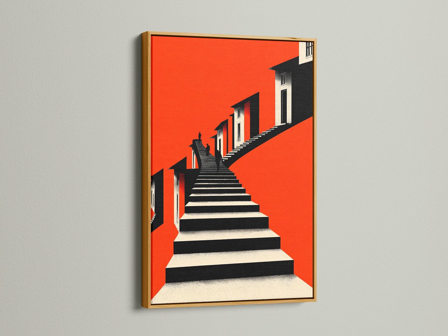 Architectural Stairs Print presented in a gold frame. The geometric print adds a touch of luxury to modern spaces. Bold orange modern wall art creates a vibrant focal point. Ideal for enhancing living room wall art and contemporary decor. This architecture print brings sophistication to any room.