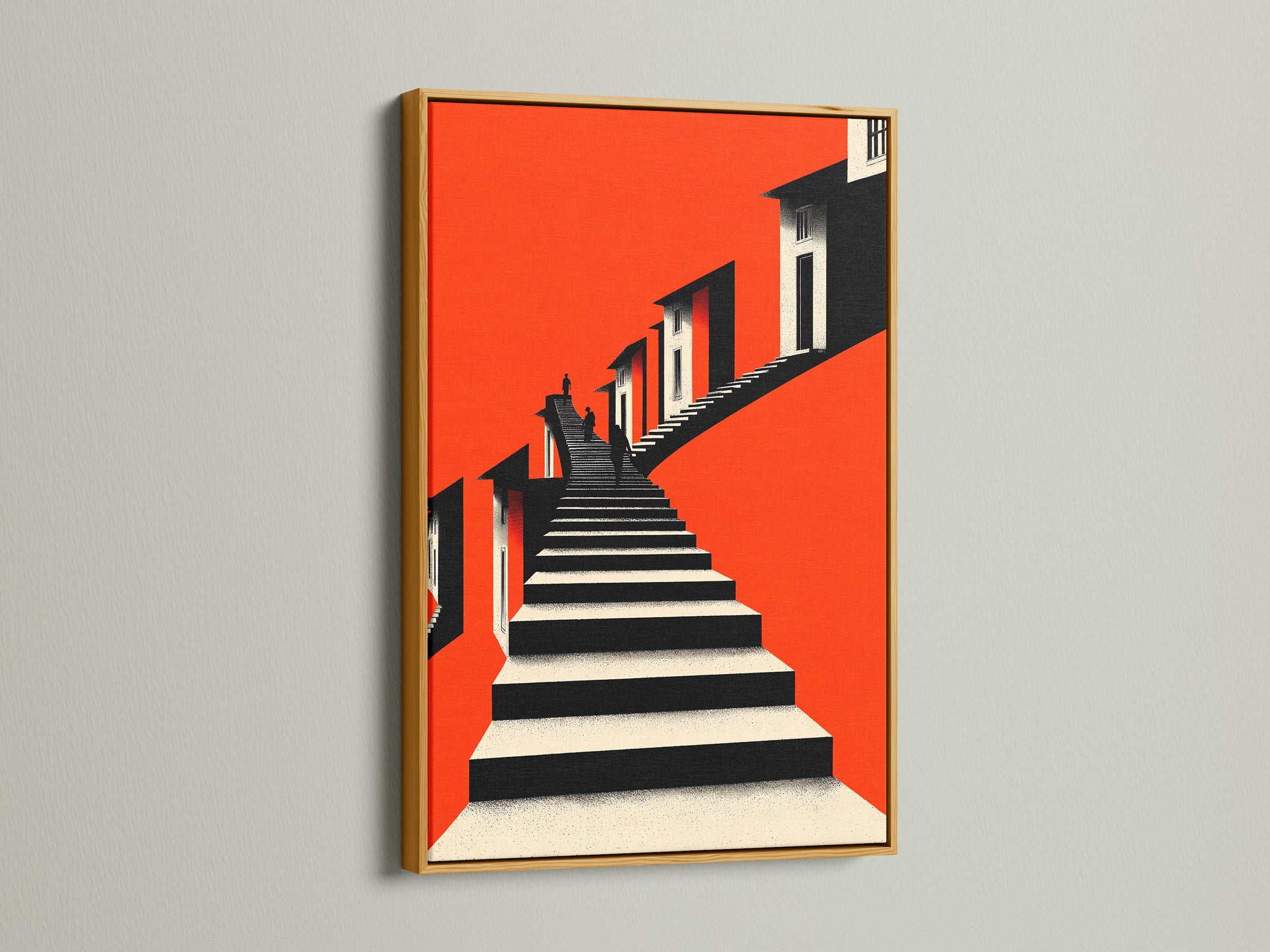 Architectural Stairs Print presented in a gold frame. The geometric print adds a touch of luxury to modern spaces. Bold orange modern wall art creates a vibrant focal point. Ideal for enhancing living room wall art and contemporary decor. This architecture print brings sophistication to any room.