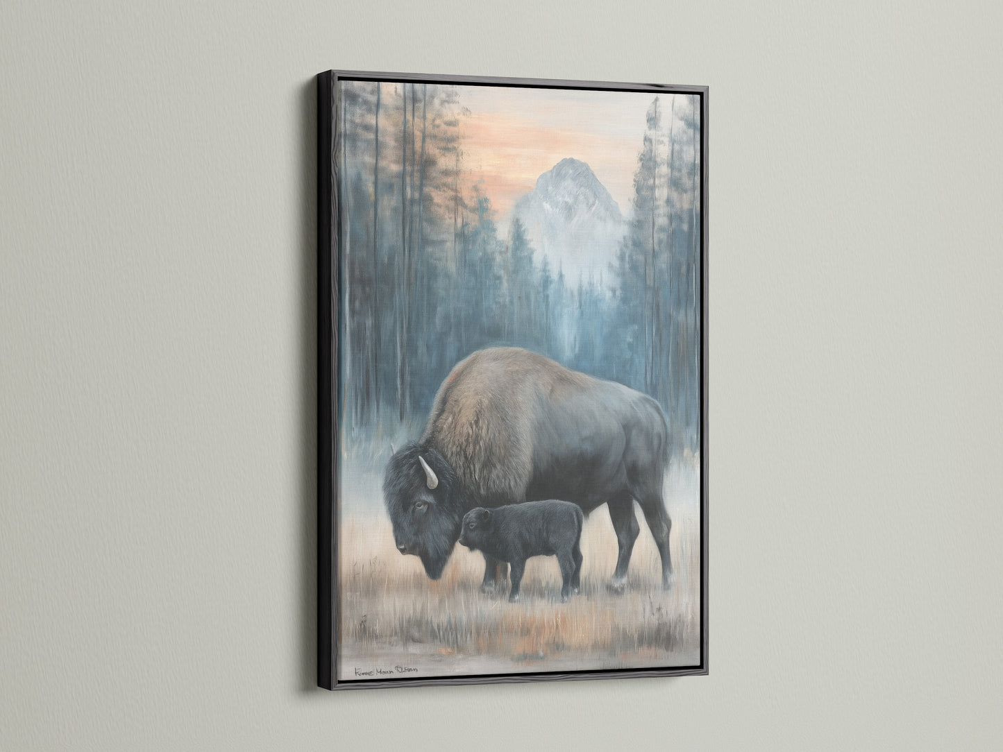 Bison artwork in a sleek black frame. The art piece features a mother and calf. This wildlife canvas adds a modern touch to rustic decor. Perfect for animal wall art enthusiasts and cabin owners.
