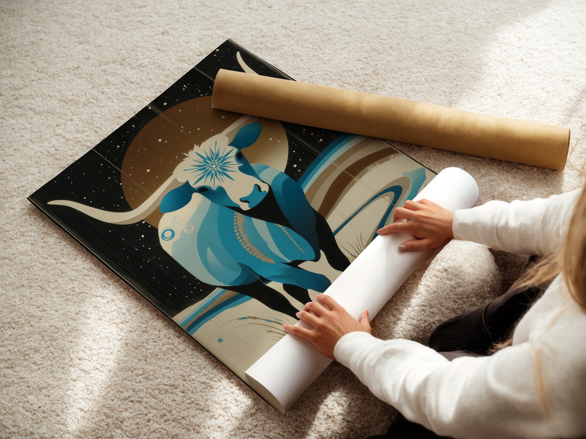A woman rolls a fine art poster paper of the Celestial Bull. This mystical Taurus artwork is ready to be framed. This spiritual wall art will enhance your home. It makes a great addition to your celestial decor. Order yours today.