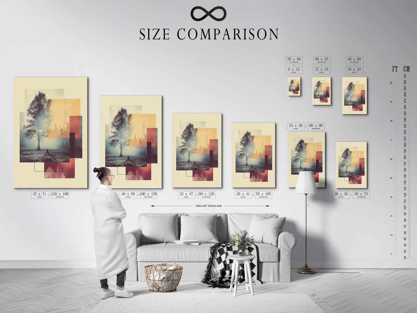 Size comparison chart in an interior. A size comparison chart is displayed in a room. The chart helps visualize artwork dimensions. It aids in selecting the perfect size for your space. This chart ensures artwork fits seamlessly. Plan your art installations confidently. The chart provides accurate size references for your interior.