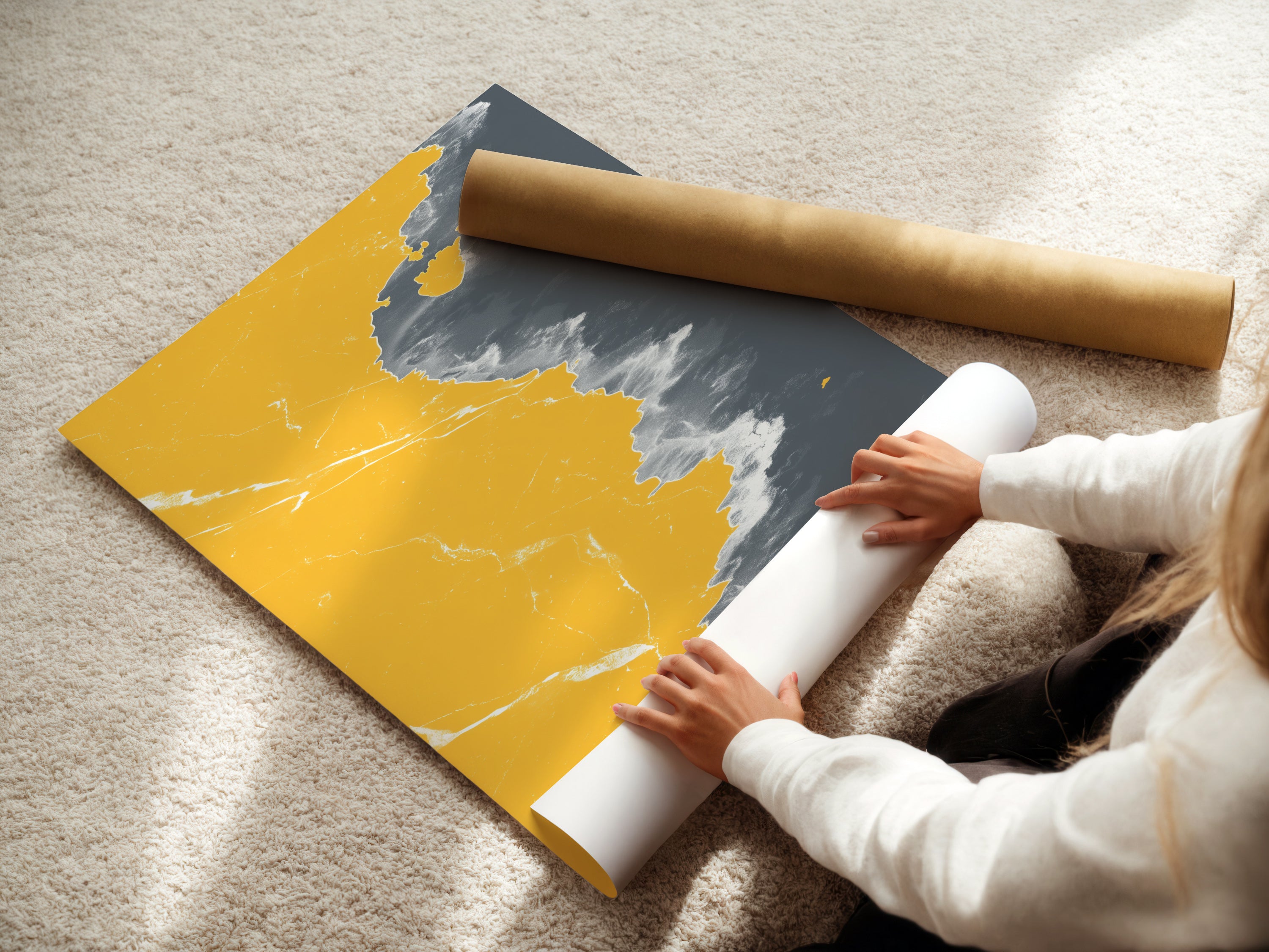 A woman is carefully rolling a fine art poster paper. Preparing it for framing or display. The high-quality paper ensures vibrant colors and sharp details. Ideal for art prints and coastal artwork.