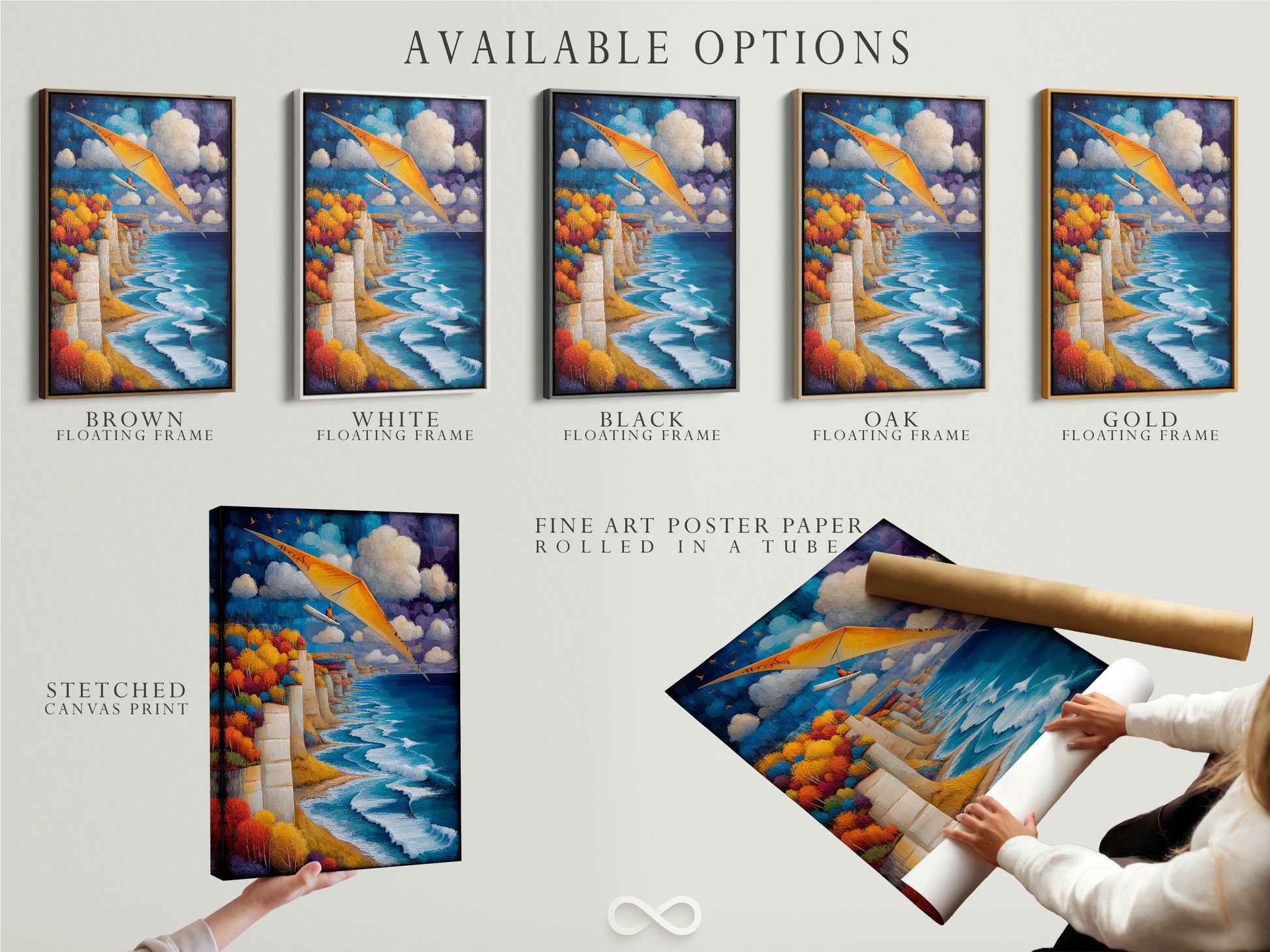 Available options for hang gliding artwork. Choose from stretched canvas prints and fine art poster paper. Also available in floating frames. Coastal cliff wall art for any space. The art shows a seascape with a blue ocean. Perfect aviation artwork for your office. Get yours today