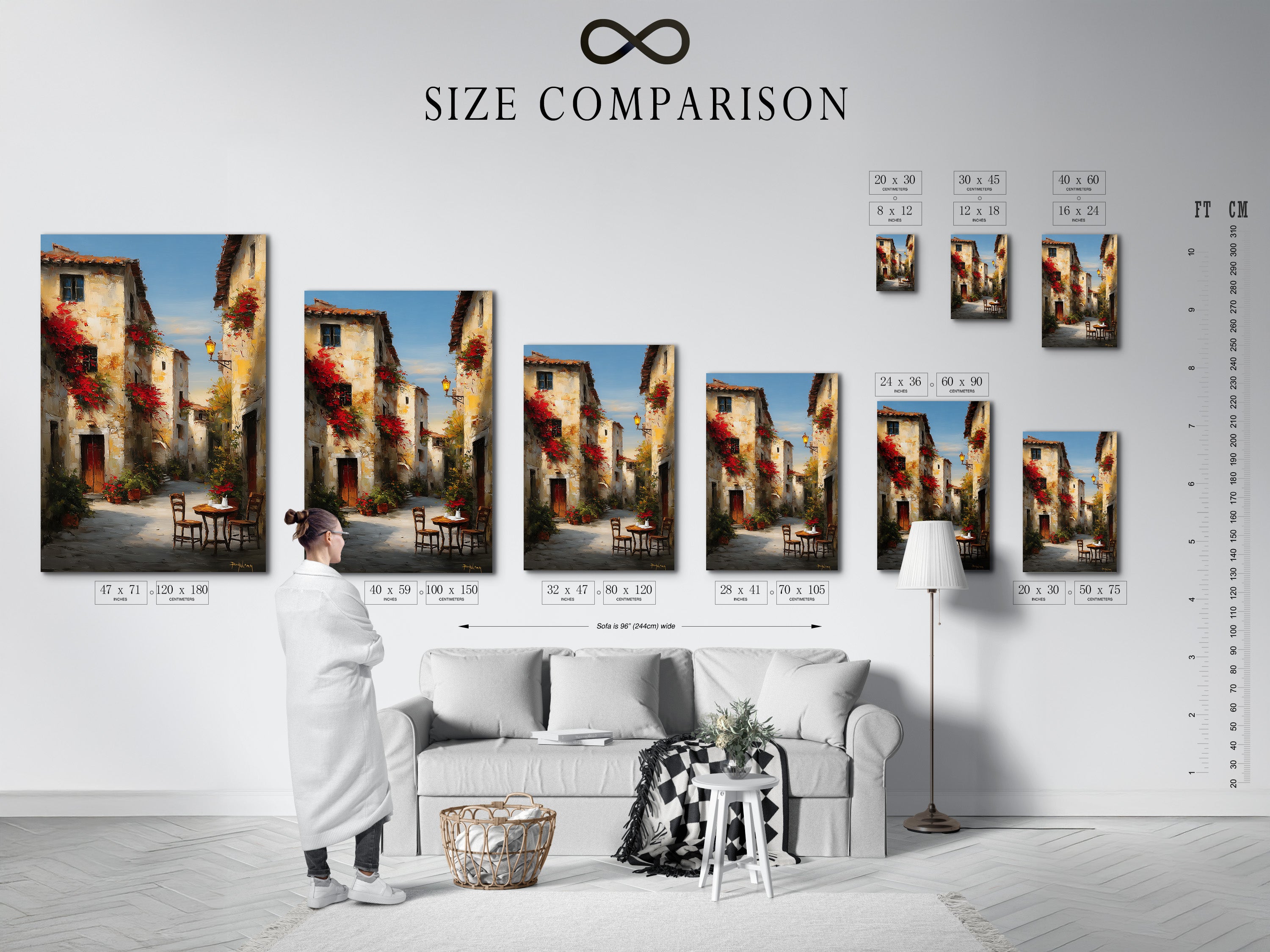 Size comparison chart in an interior setting. The chart shows various sizes of artwork. Helping you visualize the perfect fit for your space. Artwork options include canvas prints and framed posters. Find the ideal size to enhance your home decor. Visualize your art.