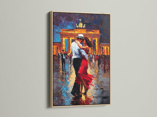 Oak frame. The artwork features a couple gracefully dancing against a vibrant cityscape. The oak frame option adds a rustic and timeless touch to the artwork. The natural wood grain complements the colors and textures of the piece. It creates a harmonious and inviting atmosphere.