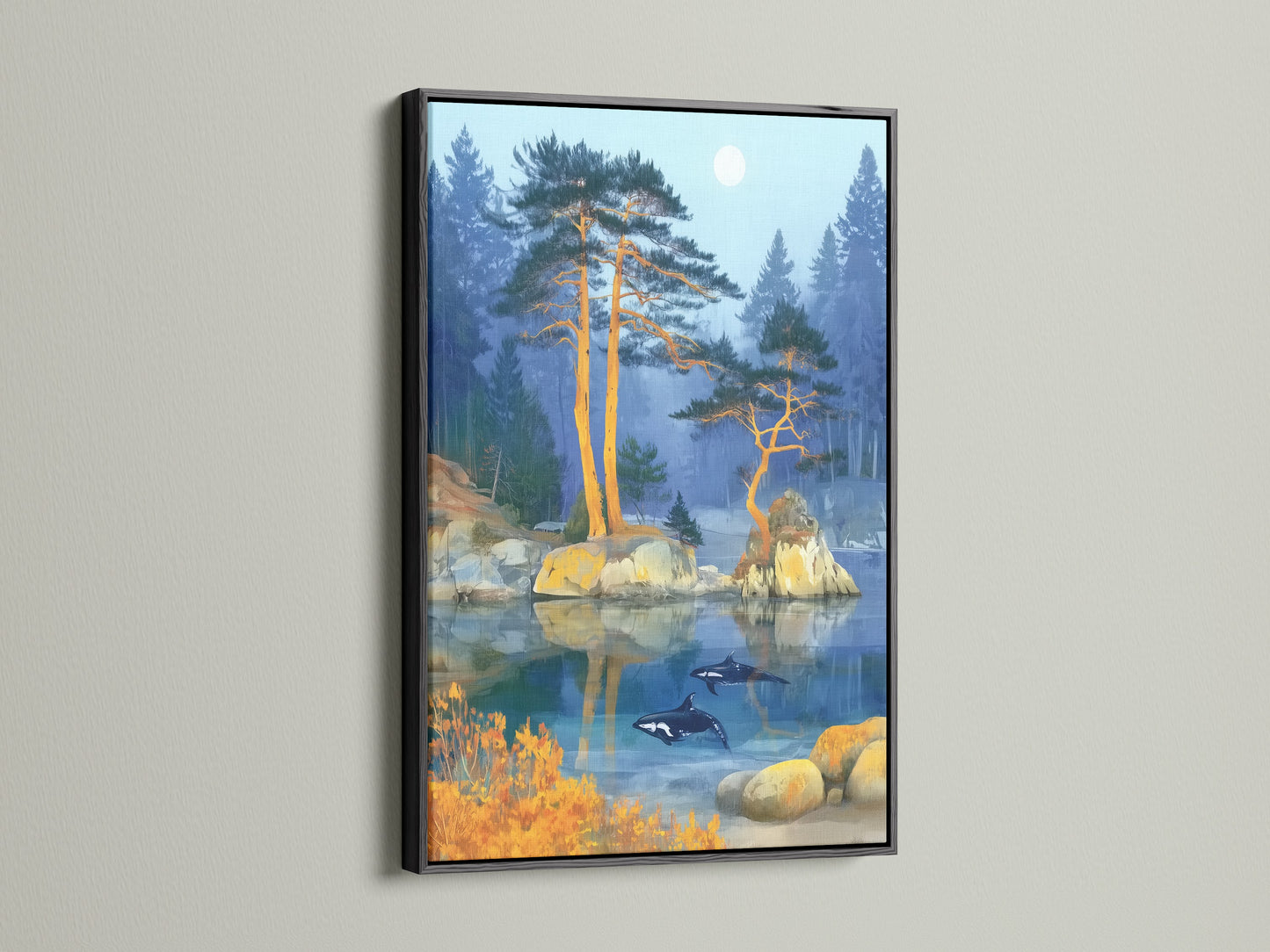 Orca Lake artwork is framed in a black frame. The artwork features a stunning lake view with pine trees and orcas. The black frame adds a touch of sophistication and elegance. This framed artwork is a perfect statement piece for any living space. Enhance your home decor today.