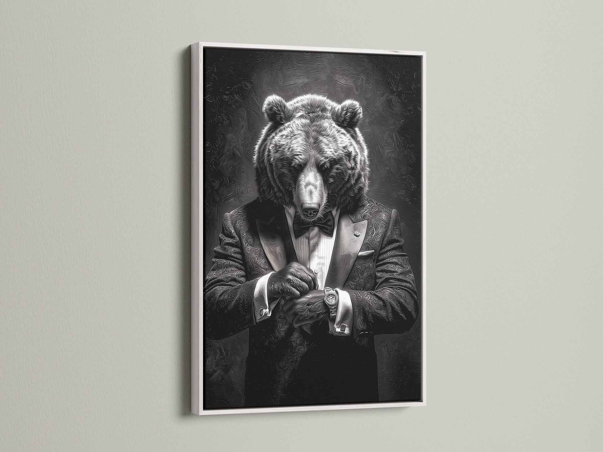 An artwork featuring a bear in a tuxedo is beautifully showcased in a white frame. The art is displayed against a clean white backdrop. A white frame offers a fresh and modern look. It brightens up any room. Explore our selection of white framed art to add a touch of elegance to your home.