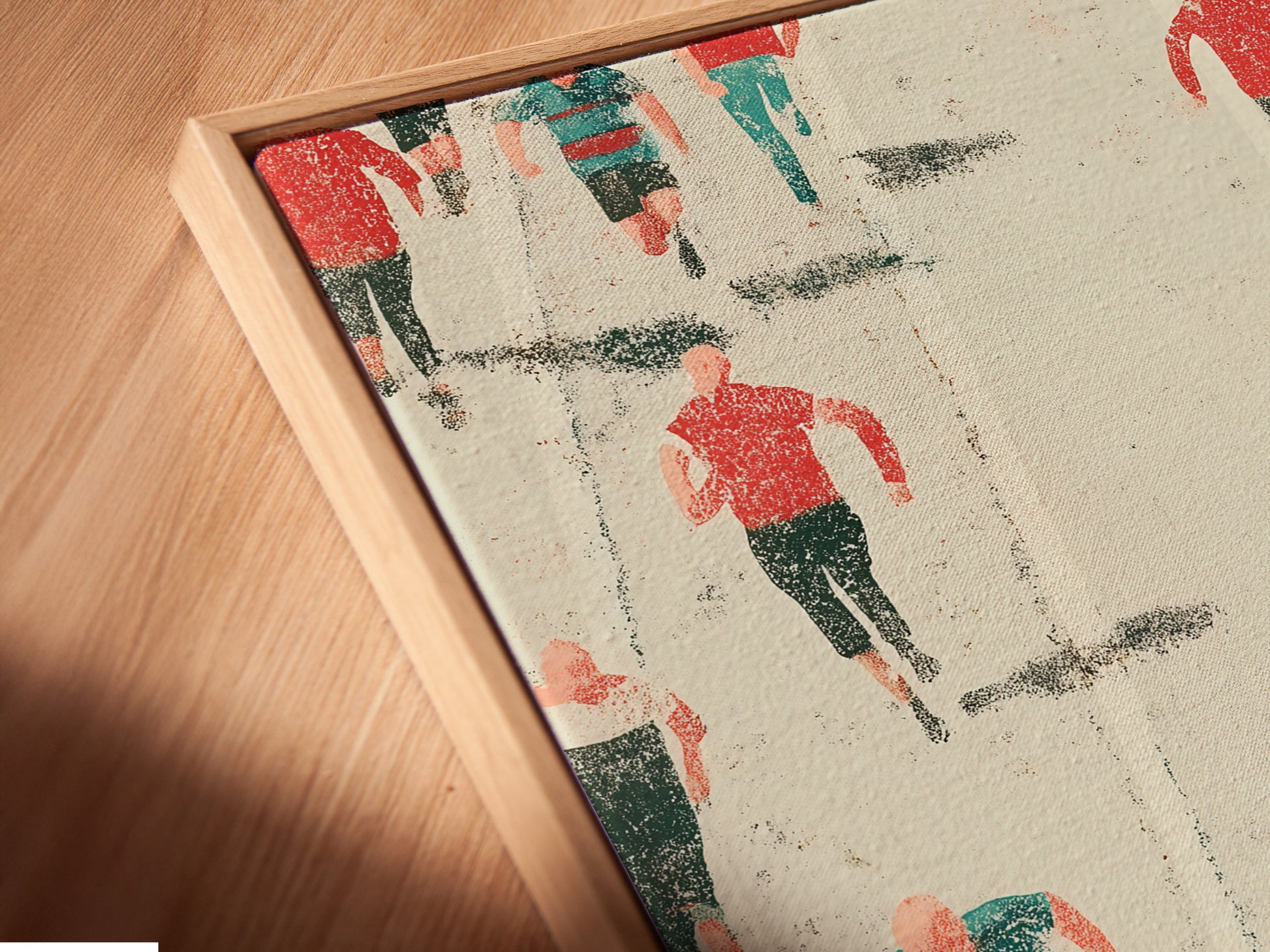 A close-up angled view of a canvas print in a floating frame. The Marathon Runners artwork is beautifully displayed. The floating frame adds a modern touch. This sports-themed artwork enhances any room. It is perfect for adding inspiration to your home gym or office space.