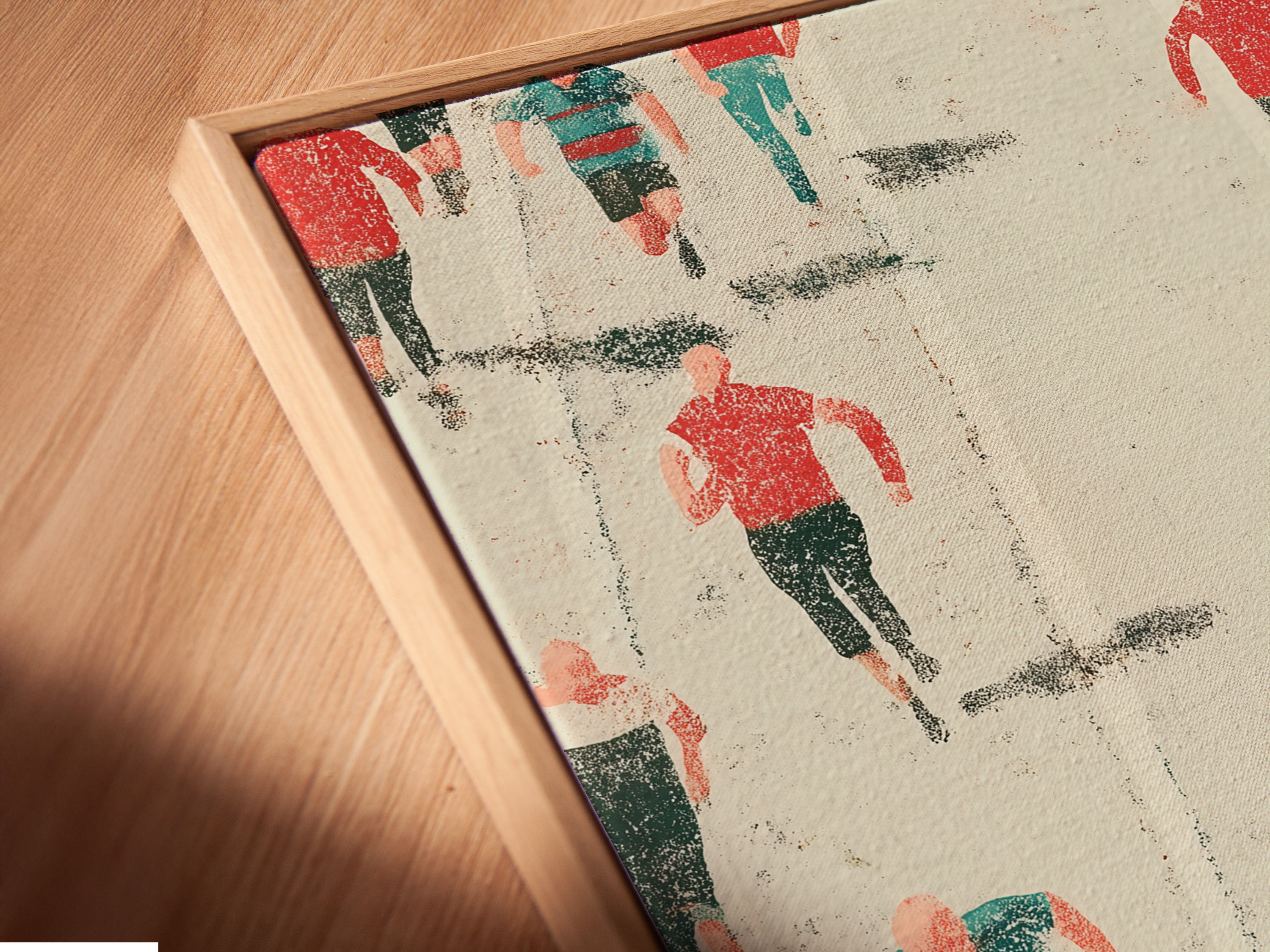 A close-up angled view of a canvas print in a floating frame. The Marathon Runners artwork is beautifully displayed. The floating frame adds a modern touch. This sports-themed artwork enhances any room. It is perfect for adding inspiration to your home gym or office space.