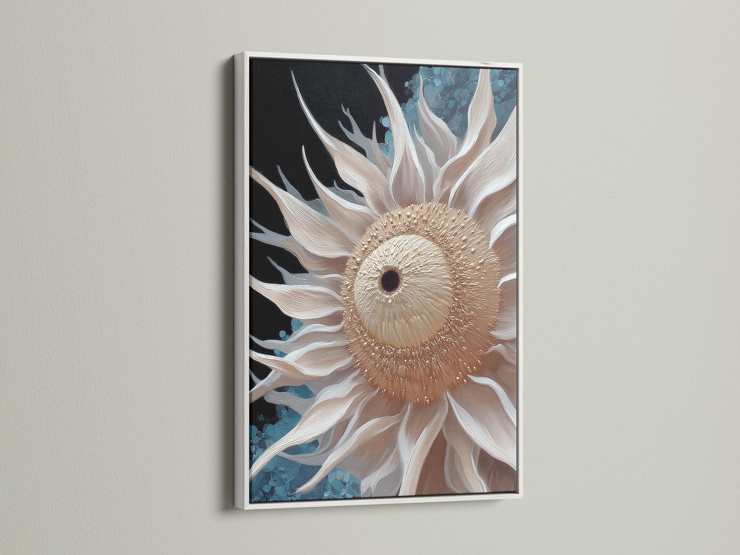 The beige sunflower art is displayed in a white frame. This floral canvas print brings modern botanical beauty to any room. Neutral wall art enhances scandi decor. The flower artwork is perfect for a minimalist interior. Consider this flower print for your home office or studio.